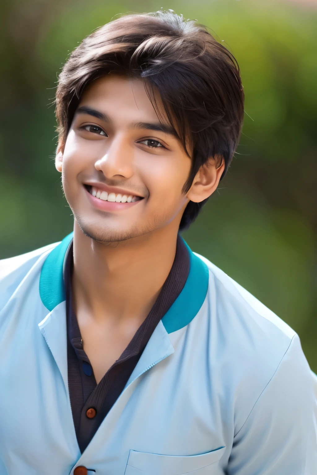 modern indian boy, rich and handsome, face closeup, smiling expression, light complexion
