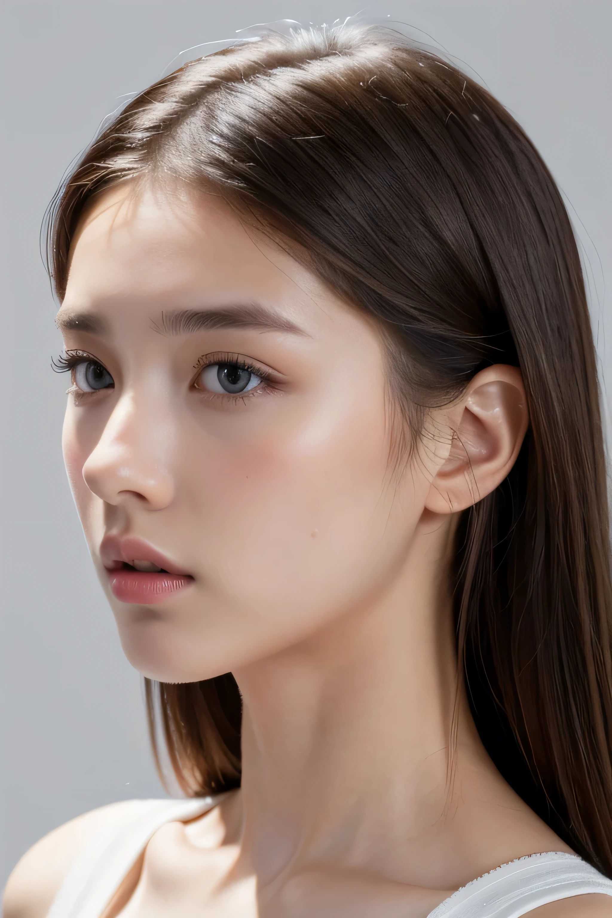 (best quality,8K,light,ultra high definition, masterpiece:1.2), extremely high resolution, (actual:1.2), RAW photos of exceptional quality, White background, Close-up of a girl's face, side profile