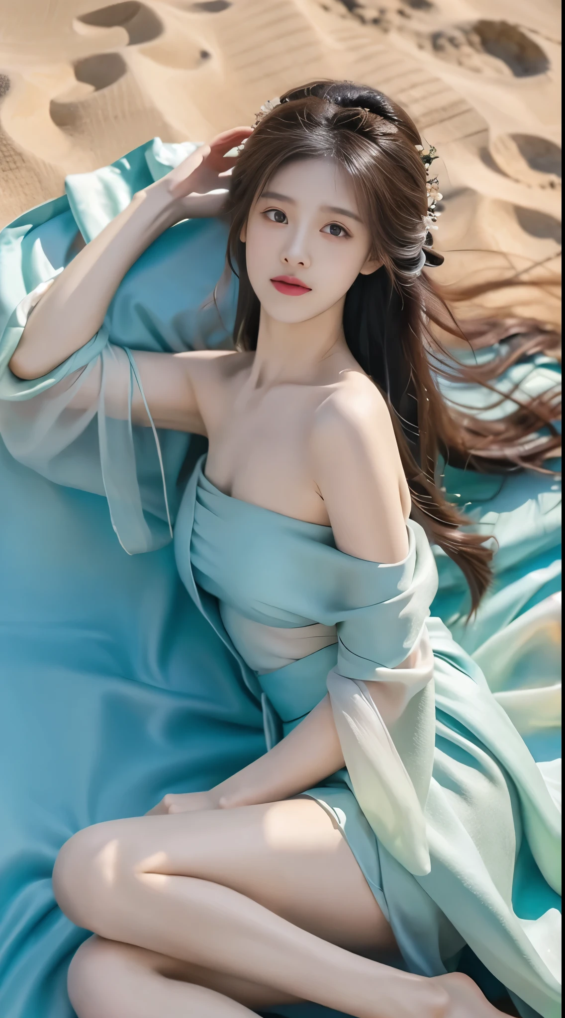 hanfu-song, hanfu, song theme, bandeau, tube top, (masterpiece, best quality:1.2), 1girl, solo, ((bare shoulders)), (actual:1.37), ((lying on a beach)), ((Bird&#39;s eye view shot)), Sweet maiden, beautiful妆容, Exquisite makeup, Extremely beautiful eyes, long hair, curls, slim body, big breasts, cleavage, Sexy slender legs, The skirt is short, Leaking sexy legs, elegant posture, best quality, correct, correct的手, correct的腿, 解剖学correct, official art, complex, detail的脸, detail, lifelike, Very detailed, amazing, beautiful, Young and energetic, Charming model, Meticulous CG Uniform 8k wallpaper