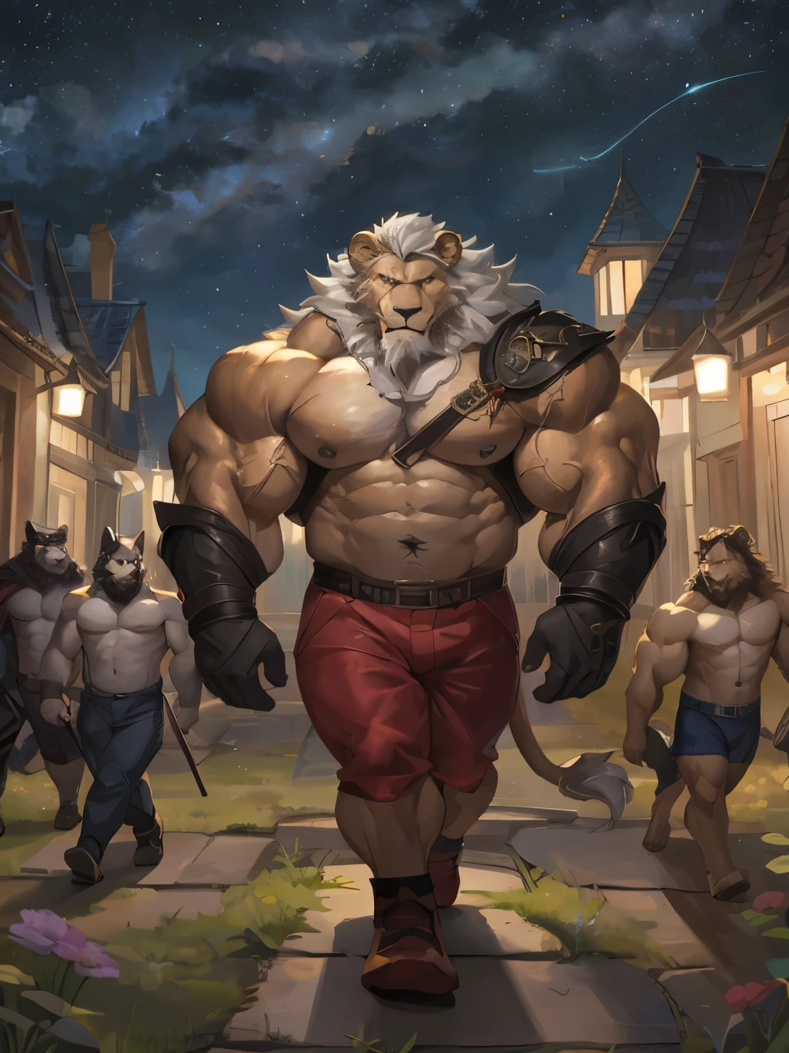 a group of huge muscular furry naked lion walking in fantasy word, spelling magic, magic sign, open fields, night, star in sky, glowing eyes, glowing plants, huge shoulder muscle , shirtless, muscle, strong man, huge muscle, short hair, bearded, white hair and beard, wrinkles skinned, strong muscle, strong and intimidated, masterpiece, muscular, commission for high res, naked male, fantasy art, very very beautiful art, art painting , painting art, NSFW