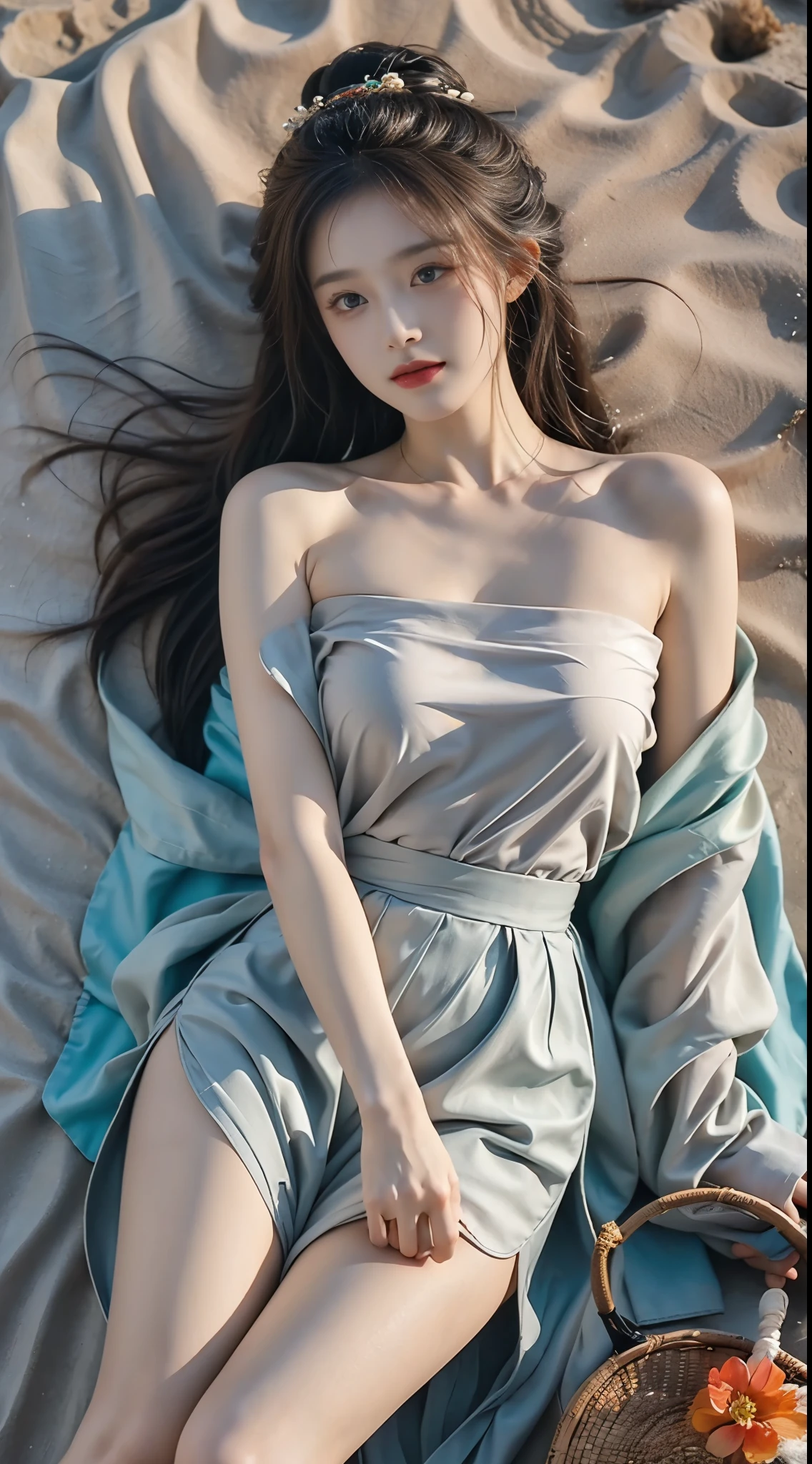 hanfu-song, hanfu, song theme, bandeau, tube top, (masterpiece, best quality:1.2), 1girl, solo, ((bare shoulders)), (actual:1.37), ((lying on a beach)), ((Bird&#39;s eye view shot)), Sweet maiden, beautiful妆容, Exquisite makeup, Extremely beautiful eyes, long hair, curls, slim body, big breasts, cleavage, Sexy slender legs, The skirt is short, Leaking sexy legs, elegant posture, best quality, correct, correct的手, correct的腿, 解剖学correct, official art, complex, detail的脸, detail, lifelike, Very detailed, amazing, beautiful, Young and energetic, Charming model, Meticulous CG Uniform 8k wallpaper