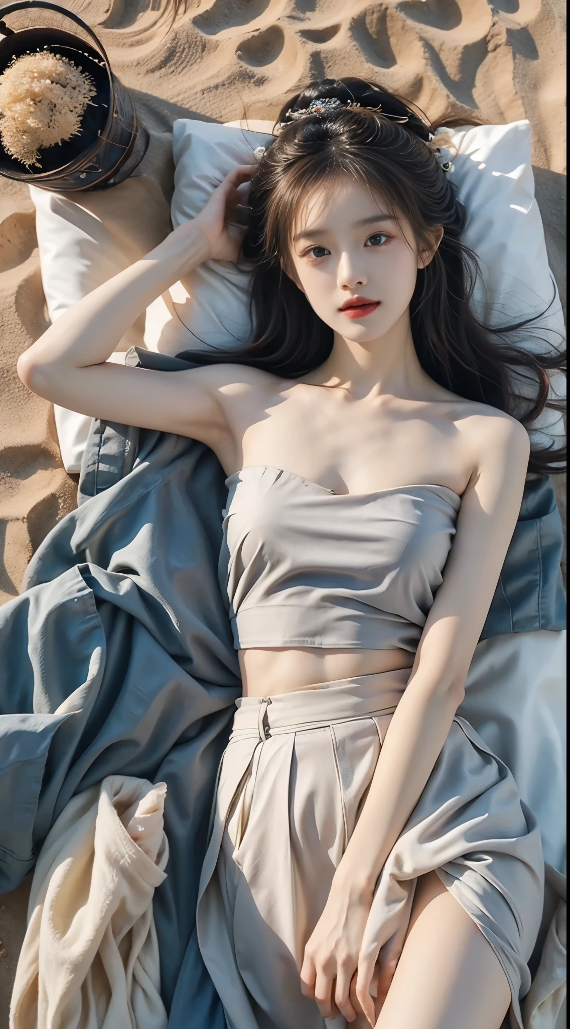 hanfu-song, hanfu, song theme, bandeau, tube top, (masterpiece, best quality:1.2), 1girl, solo, ((bare shoulders)), (actual:1.37), ((lying on a beach)), ((Bird's eye view shot)), Sweet maiden, beautiful妆容, Exquisite makeup, Extremely beautiful eyes, long hair, curls, slim body, big breasts, cleavage, Sexy slender legs, The skirt is short, Leaking sexy legs, elegant posture, best quality, correct, correct的手, correct的腿, 解剖学correct, official art, complex, detail的脸, detail, lifelike, Very detailed, amazing, beautiful, Young and energetic, Charming model, Meticulous CG Uniform 8k wallpaper