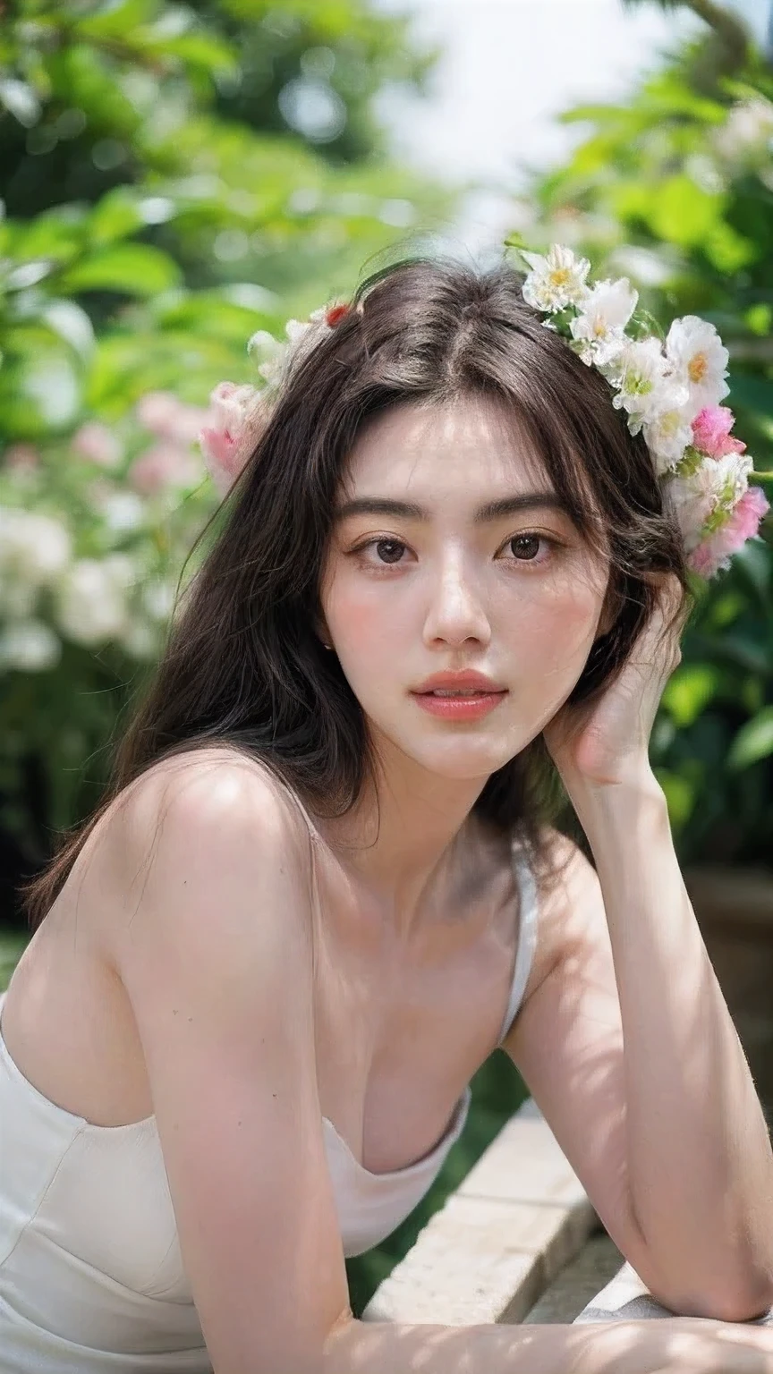 (masterpiece, best quality, ultra high resolution:1.3), 1 girl , (Mai Davika Hoorne), looking at the viewer, natural light, flowers, 8k, full HD