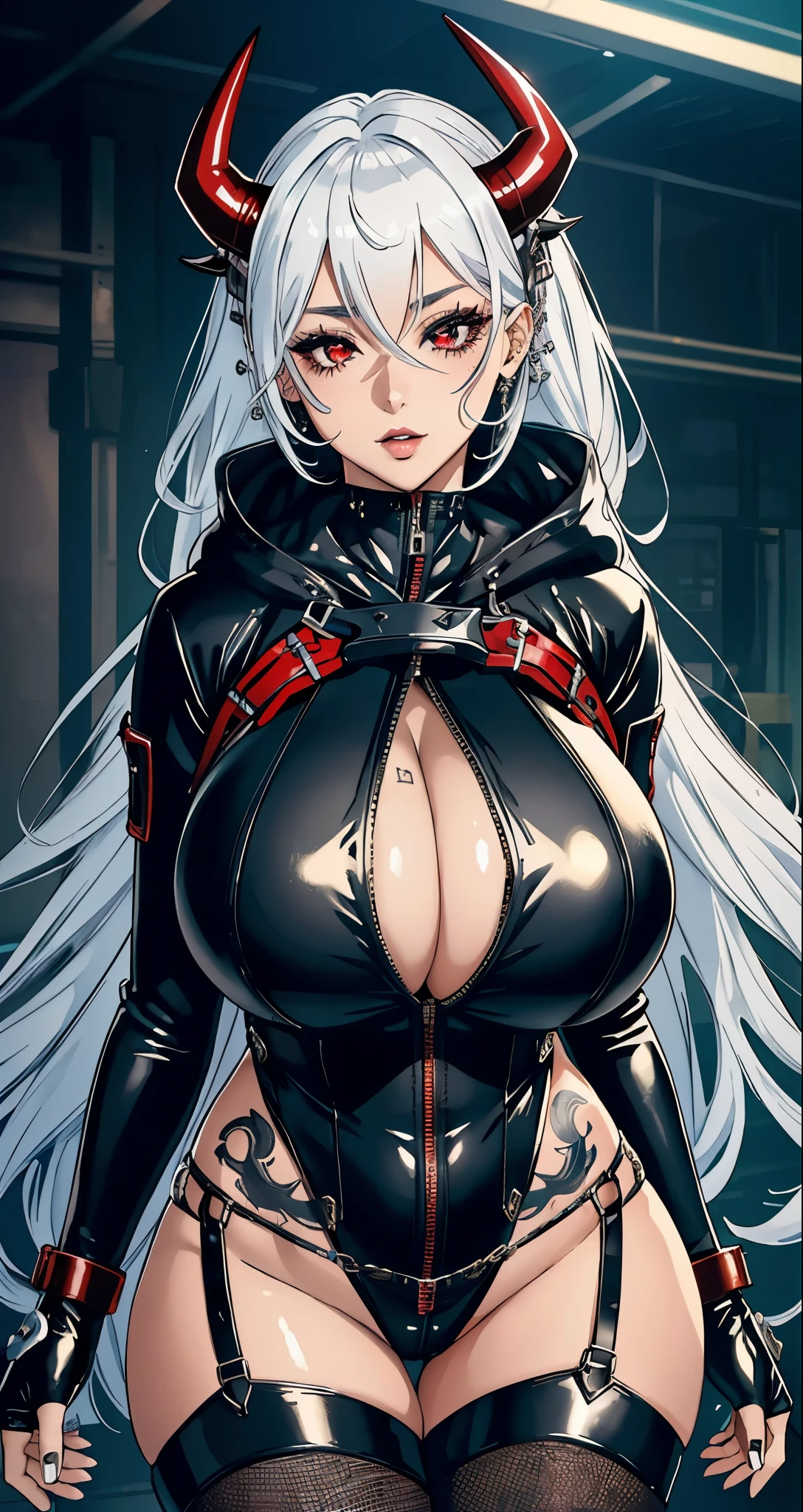 PERFECT MASTERPIECE, EXTREMELY DETAILED CG UNITY 8K UHD QUALITY RESOLUTION WALLPAPER, PHOTOREALISTIC, AWARD-WINNING IMAGE, OFFICIAL ART, PROFESSIONAL CINEMATIC LIGHTING, the most beautiful and sexy demon goddess, long platinum white hair, oni horns, vibrant red eyes, long detailed eyelashes, wearing trendy Harajuku-inspired sexy leather hooded bodysuit with zippers and buckles, super huge enormously gigantic tits, cleavage showing, tons of tattoos and piercings, sexy seductive slutty facial expression, sexy alluring pose, blushing, shiny realistic skin texture, post apocalyptic wasteland background