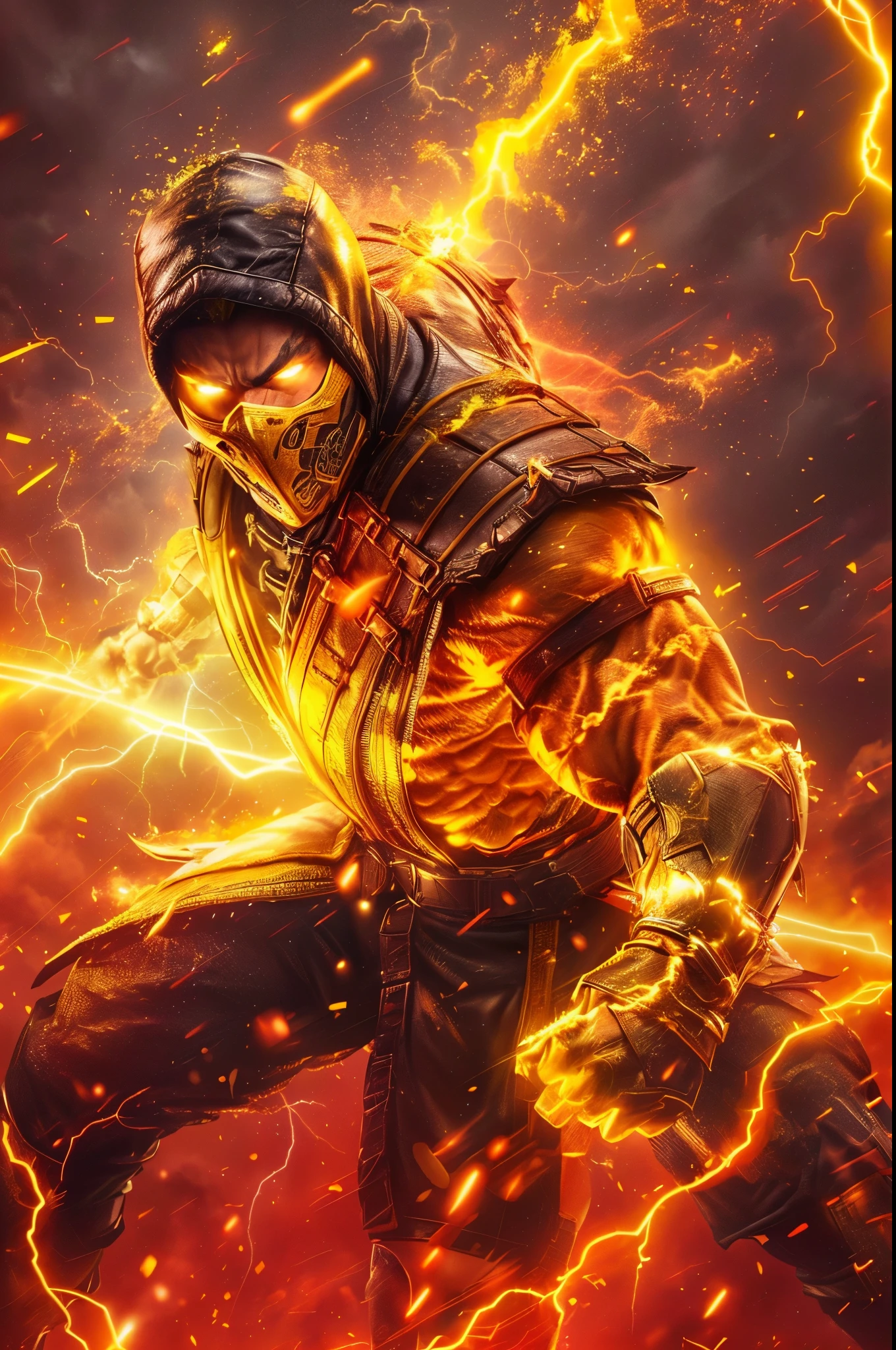 a close up of a person in a yellow costume with a lightning, character from mortal kombat, scorpion from mortal kombat, 4k detailed digital art, dan mumford. 8 k octane render, badass anime 8 k, dan mumford. octane render, in mortal kombat, trending on artstation 4k, hq 4k phone wallpaper, 4k highly detailed digital art