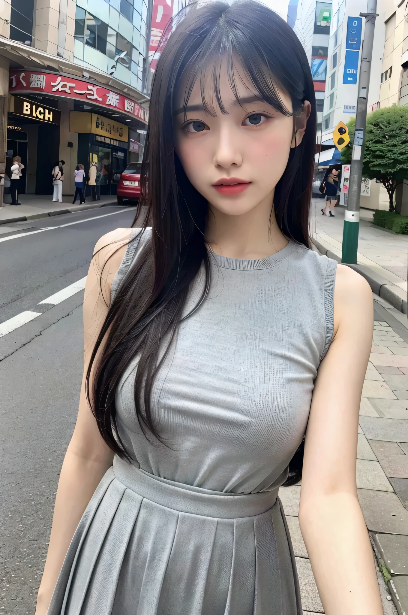 (8K, Raw photo, highest quality, masterpiece: 1.2), Super detailed, ultra high resolution, (realistic, photo fidelity: 1.37), High resolution raw color photos, professional photos, very delicate and beautiful, Highly detailed 8K wallpaper, wonderful, small details, huge file size, official art, Highly detailed CG Unity 8K wallpaper, Highly detailed beautiful girl, highly detailed face, very fine eyes, Very fine skin, very thin fingers, highly detailed nose, highly detailed mouth, perfect anatomy, highly detailed background, very complex background, highly detailed costume, 1 girl, (18:1.2), teens, cute girl, famous japanese idol, cute, realistic body, Fair skin, shiny skin, slim body shape, good figure, black hair, long straight hair, (dull bangs: 1.2), smile, cute, young, cute face, cute face, realistic face, small face, beautiful and delicate eyes, droopy eyes, beautiful big eyes, big black eyes, beautiful clear eyes,No sleeve,tight mini skirt, look at the audience, Front view, standing pose, Opposition, outdoor, (daytime: 1.2), cityscape, depth, Tokyo, street, professional lighting,