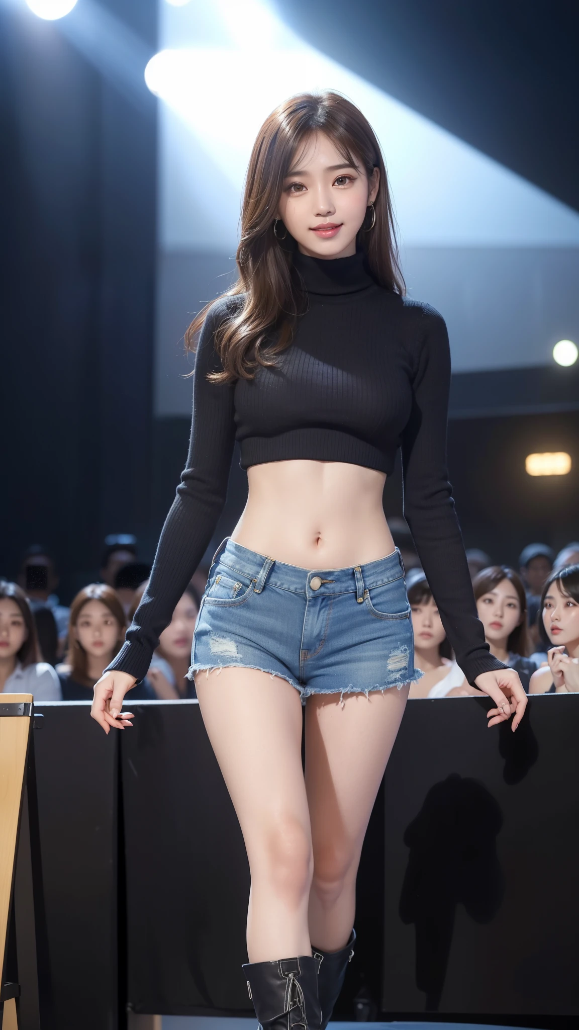 8k, table top, Raw photo, highest quality, realistic, Wallpapers with extreme details CG Unity 8k, Depth of the bounds written, cinematic light, Lens flare, ray tracing, (very beautiful face, beautiful lips, beautiful eyes), face with intricate details, ((ultra detail skin)) 1 girl, (Korean model Kim Da-eun, Dhoni), (Korean model Kim Da-eun, Dhoni), (Korean model Kim Da-eun, Dhoni), (Korean model Kim Da-eun, Dhoni), (Korean model Kim Da-eun, Dhoni),1 girl, ((look up at the audience)),(A big smile:1.3), (blurred background), faint light), (no people in the background.:1.3), beautiful earrings, clear eyes, front shot, (pale skin), (Big eyes), (Big eyes) (Big eyes), (Big eyes), (Big eyes), facing forward, (full body shot), (light brown hair), おopen the navel............, (look up at the audience:1.3), small hips, small hips,small hips, thin waist, small hips, ((wide open abdomen))、((open abdomen))、((wide open the navel))、((open the navel))、((naked belly))、((midriff sweater))、((Super low-rise、denim mini skirt))、 ((Navel exposed))、((small hips))、((full body description))、((small hips))、(boots)、((Super low-rise))、 ((denim tanding))、