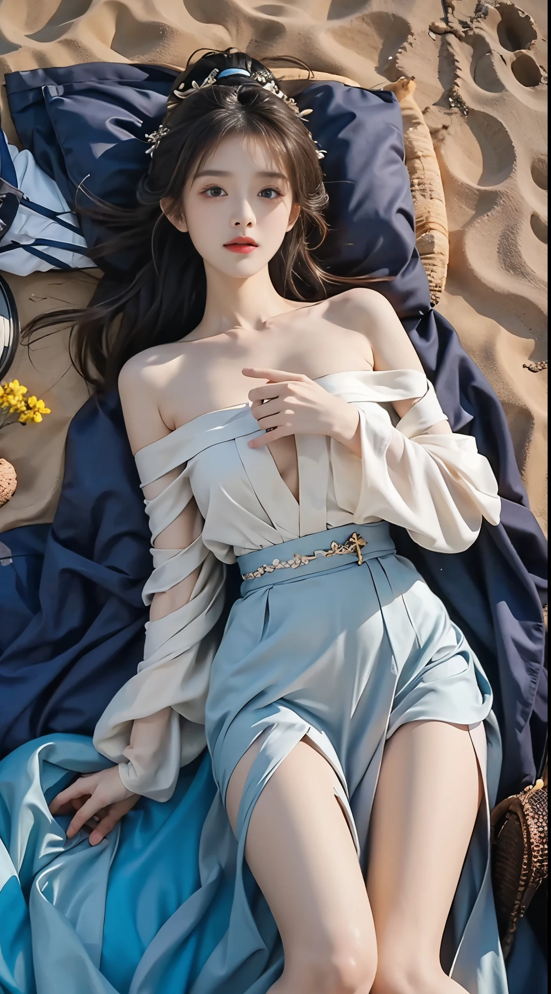 hanfu-song, hanfu, song theme, bandeau, tube top, (masterpiece, best quality:1.2), 1girl, solo, ((bare shoulders)), (actual:1.37), ((lying on a beach)), ((Bird's eye view shot)), Sweet maiden, beautiful妆容, Exquisite makeup, Extremely beautiful eyes, long hair, curls, slim body, big breasts, cleavage, Sexy slender legs, The skirt is short, Leaking sexy legs, elegant posture, best quality, correct, correct的手, correct的腿, 解剖学correct, official art, complex, detail的脸, detail, lifelike, Very detailed, amazing, beautiful, Young and energetic, Charming model, Meticulous CG Uniform 8k wallpaper