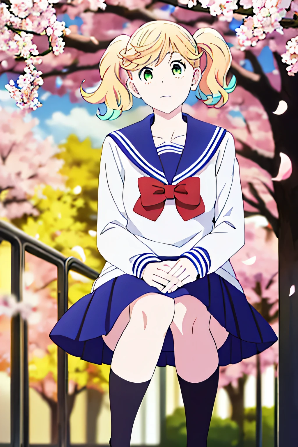 (masterpiece, highest quality:1.2), 1 girl, alone, sailor suit, red ribbon, Height is 178cm、navy blue skirt、black long socks、very tall、I look up at the sky and laugh under the cherry blossom tree、overlook、Angle from above、bust shot、kabuki pose,