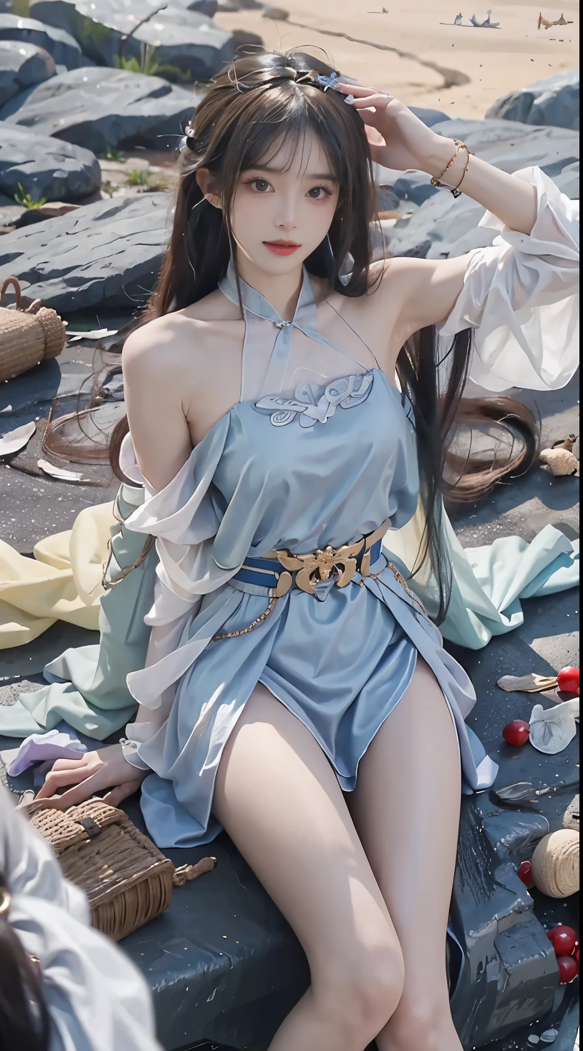 Dunhuang_clothing,Dunhuang_skirt, (Genshin Impact), (masterpiece, best quality:1.2), 1 girl, alone, ((bare shoulders)), (actual:1.37), ((lying on the beach)), ((bird's eye view shooting)), sweet girl, fair makeup, Exquisite makeup, Extremely fair eyes, long hair, curls, slim, ((big breasts, big breasts, split)), Sexy and slender, skirt is very short, Exposes a sexy, elegant posture, dynamic posing, best quality, correct, correct hand, correct legs, anatomycorrect, official art, complicated, detail's face, detail, lifelike, Very detailed, Astonishing, fair, young and energetic, Charming model, Detailed CG8k wallpaper,Shoot at random angles,Random poses,stand
