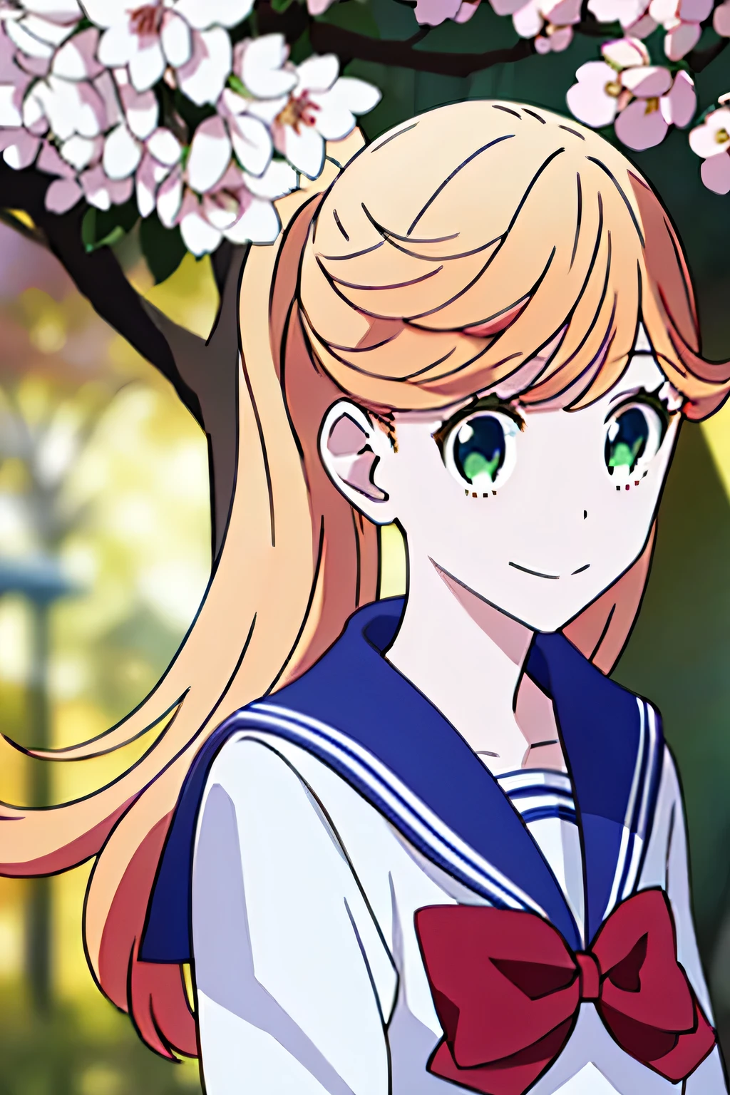 (masterpiece, highest quality:1.2), 1 girl, alone, sailor suit, red ribbon, Height is 178cm、navy blue skirt、black long socks、very tall、I look up at the sky and laugh under the cherry blossom tree、overlook、Angle from above、bust shot、kabuki pose,