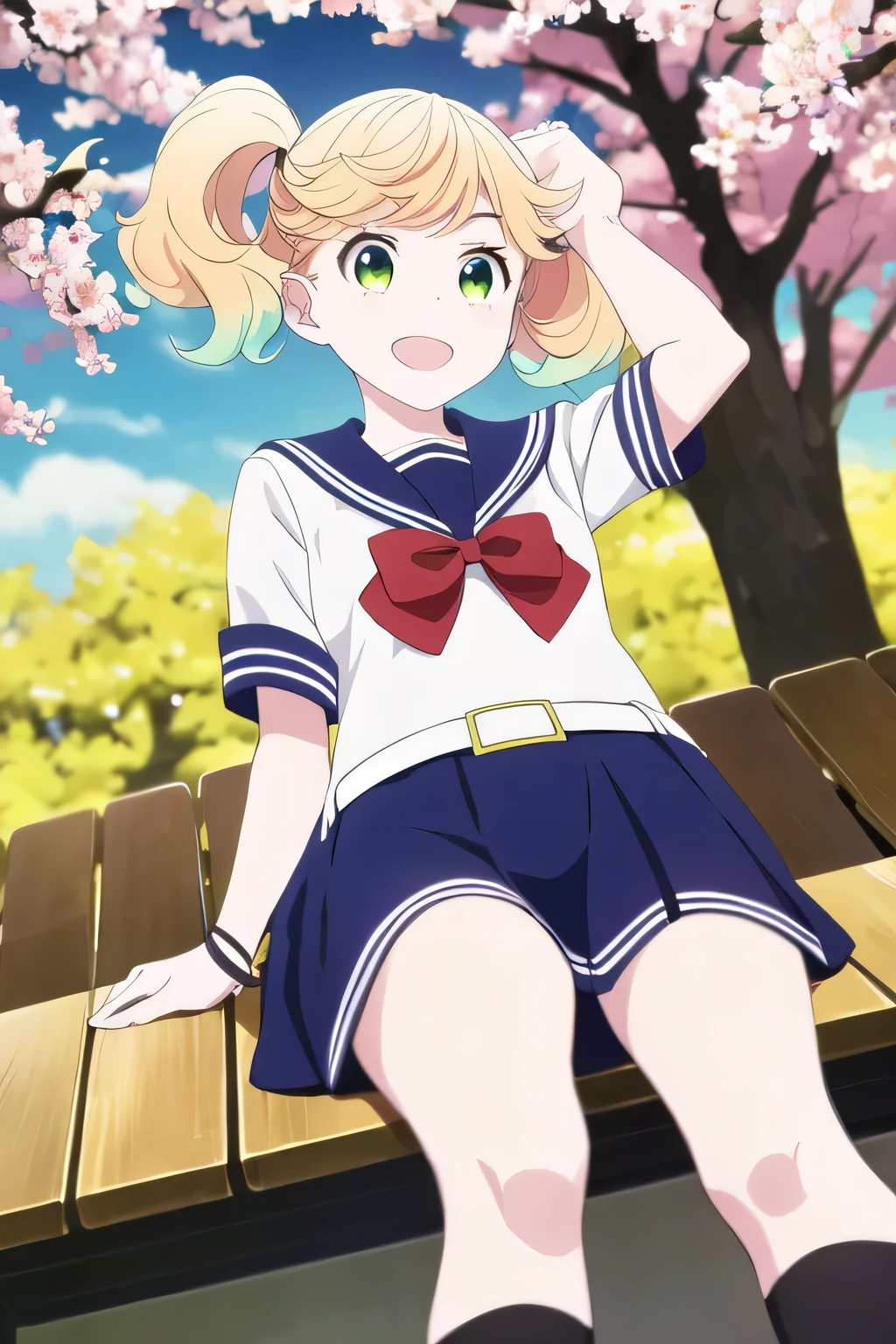 (masterpiece, highest quality:1.2), 1 girl, alone, sailor suit, red ribbon, Height is 178cm、navy blue skirt、black long socks、very tall、I look up at the sky and laugh under the cherry blossom tree、overlook、Angle from above、bust shot、kabuki pose,