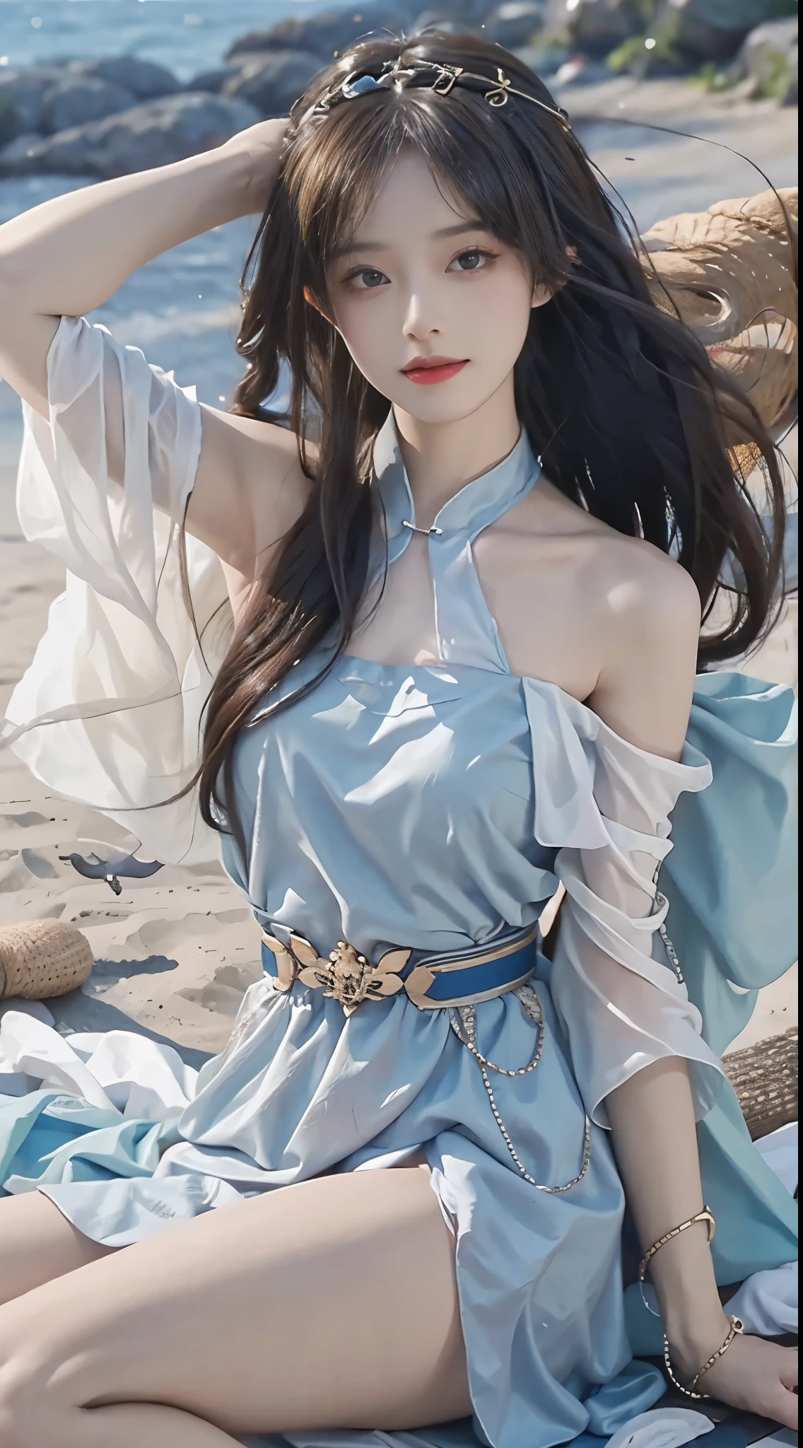 yinziping,china dresasterpiece, best quality:1.2), 1girl, solo, ((bare shoulders)), (actual:1.37), ((lying on a beach)), ((Bird&#39;s eye view shot)), Sweet maiden, beautiful妆容, Exquisite makeup, Extremely beautiful eyes, long hair, curls, slim body, big breasts, cleavage, Sexy slender legs, The skirt is short, Leaking sexy legs, elegant posture, best quality, correct, correct的手, correct的腿, 解剖学correct, official art, complex, detail的脸, detail, lifelike, Very detailed, amazing, beautiful, Young and energetic, Charming model, Meticulous CG Uniform 8k wallpaper