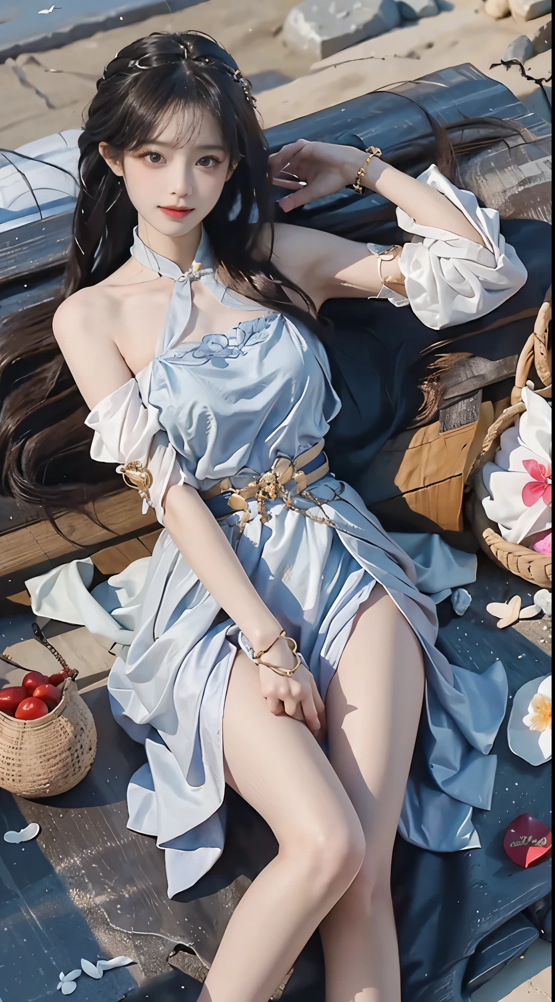 yinziping,china dresasterpiece, best quality:1.2), 1girl, solo, ((bare shoulders)), (actual:1.37), ((lying on a beach)), ((Bird's eye view shot)), Sweet maiden, beautiful妆容, Exquisite makeup, Extremely beautiful eyes, long hair, curls, slim body, big breasts, cleavage, Sexy slender legs, The skirt is short, Leaking sexy legs, elegant posture, best quality, correct, correct的手, correct的腿, 解剖学correct, official art, complex, detail的脸, detail, lifelike, Very detailed, amazing, beautiful, Young and energetic, Charming model, Meticulous CG Uniform 8k wallpaper