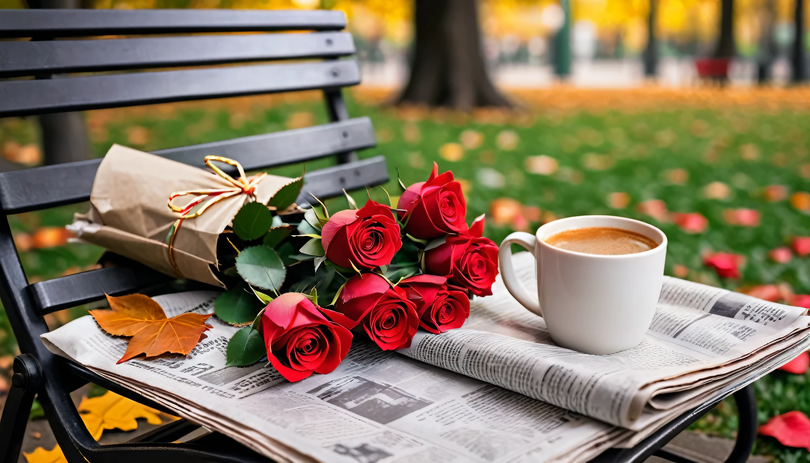 A beautiFully wrapped bouquet oF red roses on a park chair and two Fallen leaves on a newspaper. A cup oF Starbucks takeaway coFFee with a park bokeh eFFect in the background.Presenting a tranquil and romantic atmosphere.Very detailed,bright shades。Obvious contrast oF light and shadow。Advanced contouring. Nice composition halF - long scene,50mm,F/1.8,Shutter speed 1/60,ISO 50,Color temperature 4000k,masterpiece。