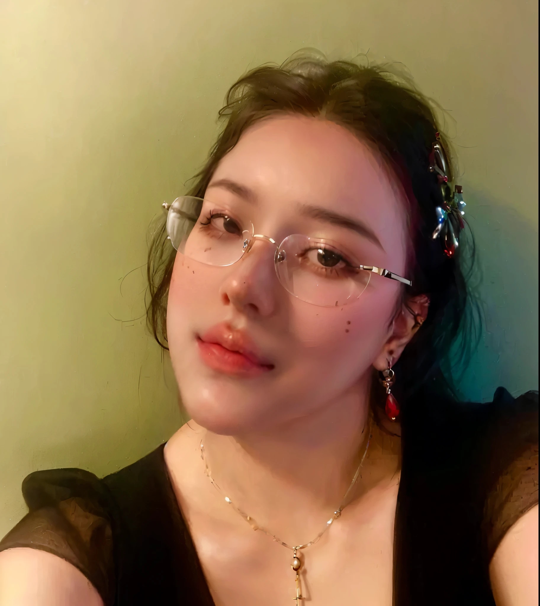 (best quality, masterpiece:1.2), ((best quality)),1woman, glasses, black hair, glasses, (((mouth is closed.))), (((She keeps her mouth shut)))., earrings, freckles, jewelry, lips, mole, necklace, nose, piercing, realistic, solo,simple background,white background,