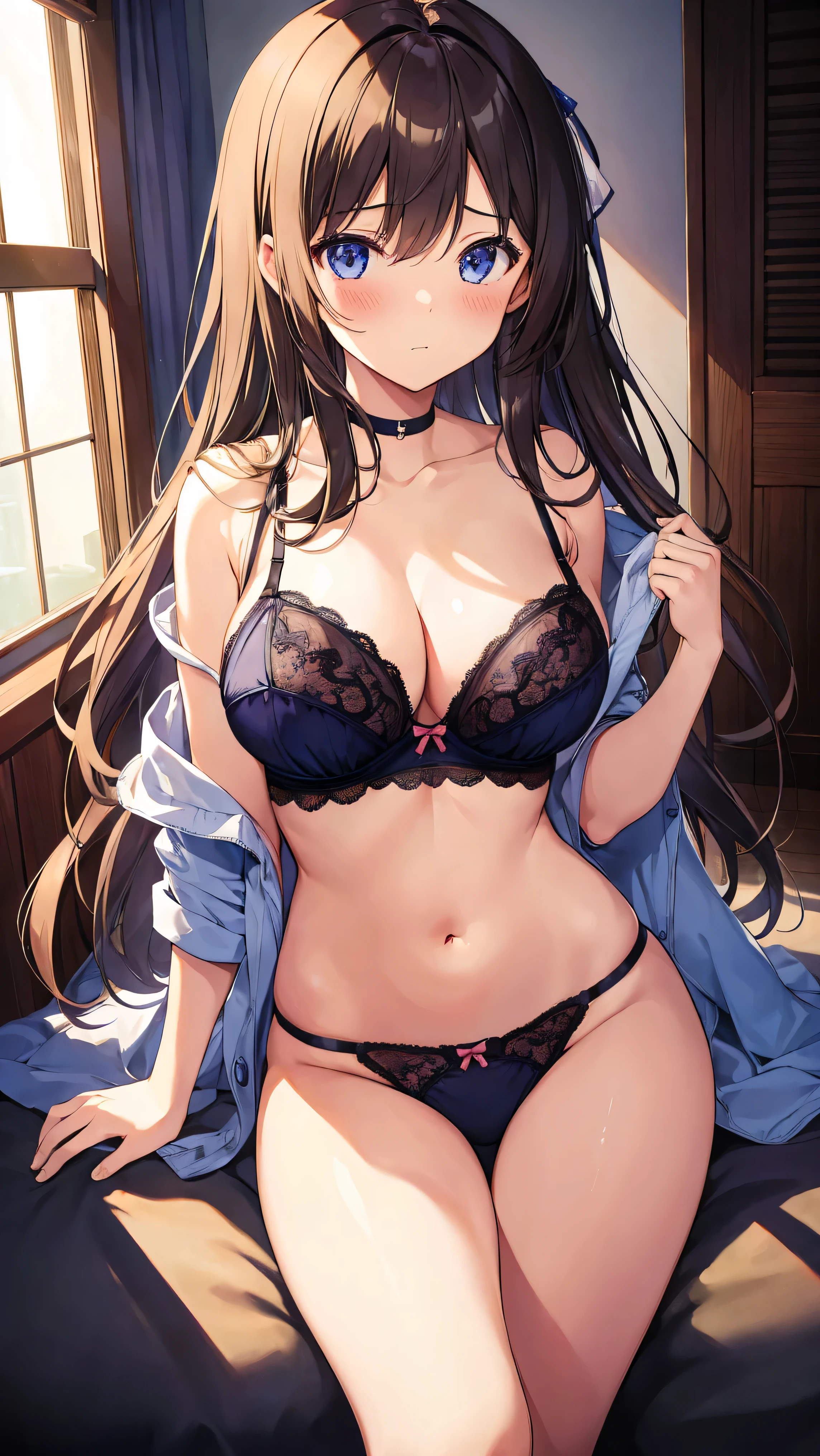 masterpiece、hight resolution、1girl in、large full breasts、in one's underwear only、Cute lingerie、Underwear models、Cute anime illustration、