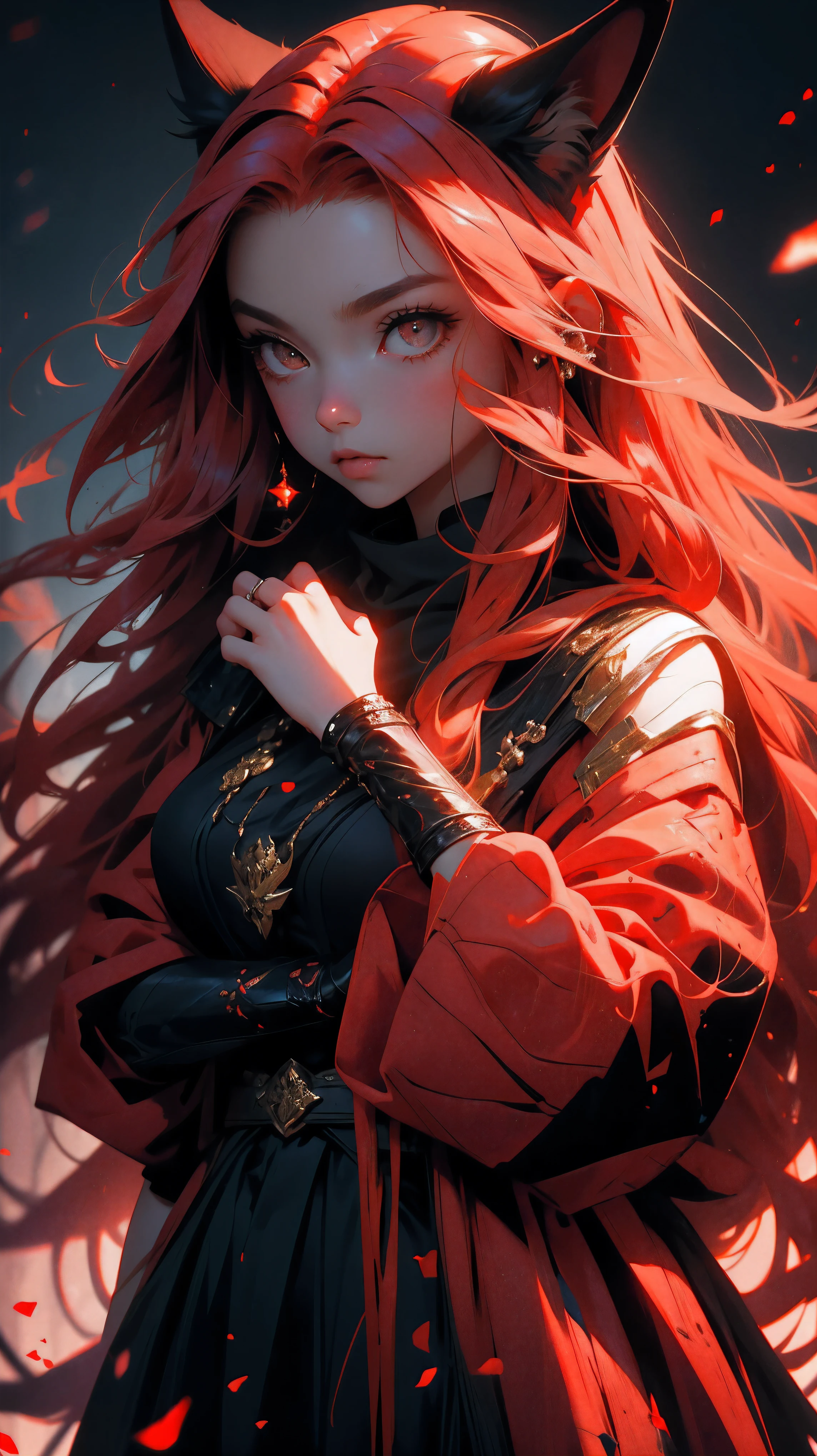 close up, beautiful young girl, red long hair, black eyes, red fox in the hands, girl holding red fox, 8k, high detailed, high realism, dark fantasy art