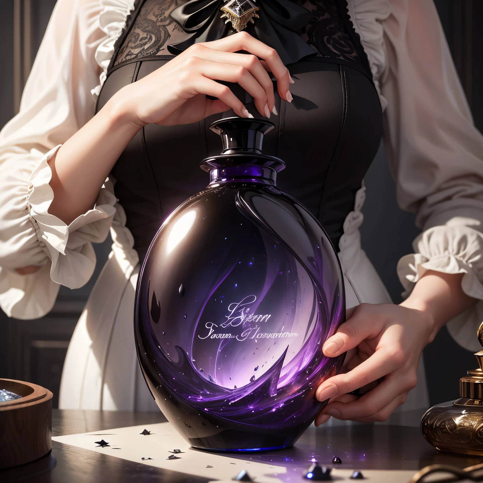 A bewitching perfume bottle adorns the vanity table, its label boasting the mysterious word "Storm" in elegant, flowing calligraphy. The intricately designed bottle captures the essence of an impending tempest, beckoning the observer to indulge in its intoxicating allure. The dark hue of the glass reveals swirling, smoky shades within, as if holding the very essence of a thunderstorm in a bottle.