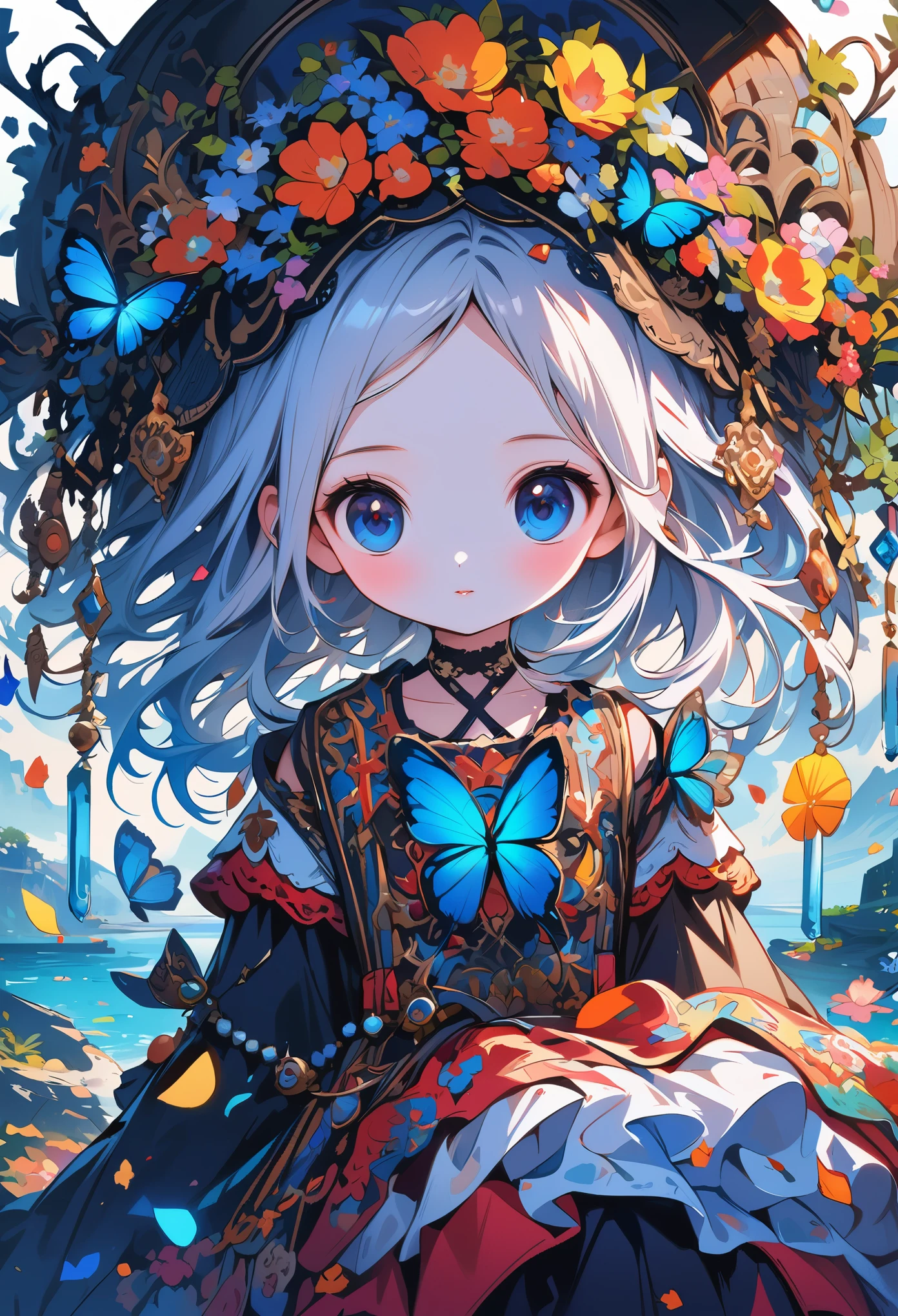 (masterpiece), (best quality), illustration, Super detailed, high dynamic range, depth of field, (rich and colorful), ,,This is a masterpiece that exudes exceptional quality. The illustration is ultra-detailed, Create a sense of depth with HDR technology. The theme is original, Beautifully, and beautiful artwork, Bright colors，Full of fantasy elements. Girl sitting by the deep sea, surrounded by running water, The background is a dark blue world tree, Located in the cemetery. The tranquil and dreamy atmosphere gives the whole scene a soulful and charming temperament. her pale complexion, sparkling blue eyes, Silver hair decorated with flowers，Create a captivating portrait. She wears ta style fashion, Poker face，Keep your mouth shut. Backgrounds range from white, transparent, Loop options, There are also flying translucent blue butterflies，Adds liveliness.