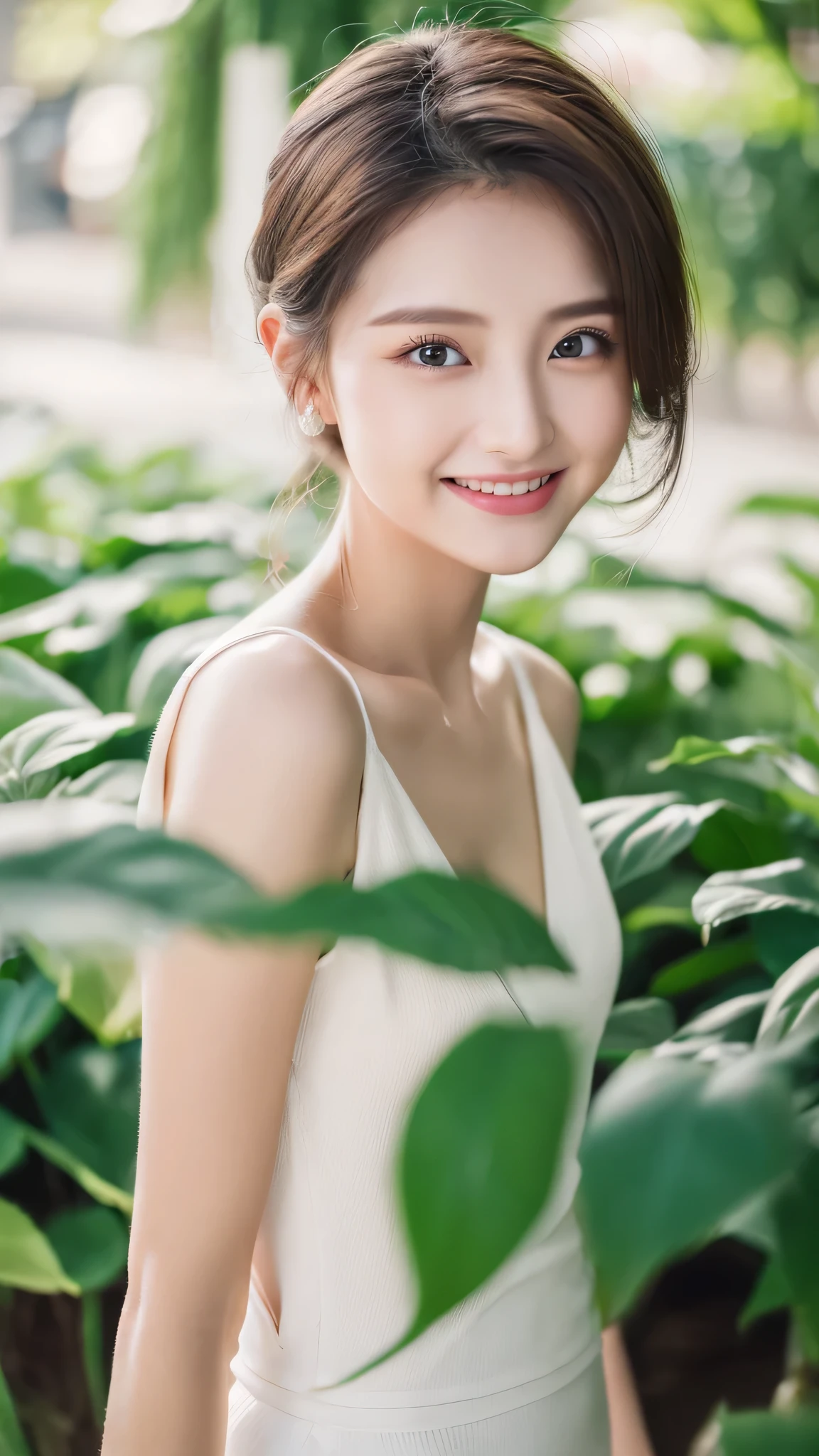 ((highest quality、8k、masterpiece:1.3))、25 year old female、Hairstyle Casual Ultra Slim Face、delicate eyes、double eyelid、laughter、hort hair、feminine、modern fashion、whole body、wide angle