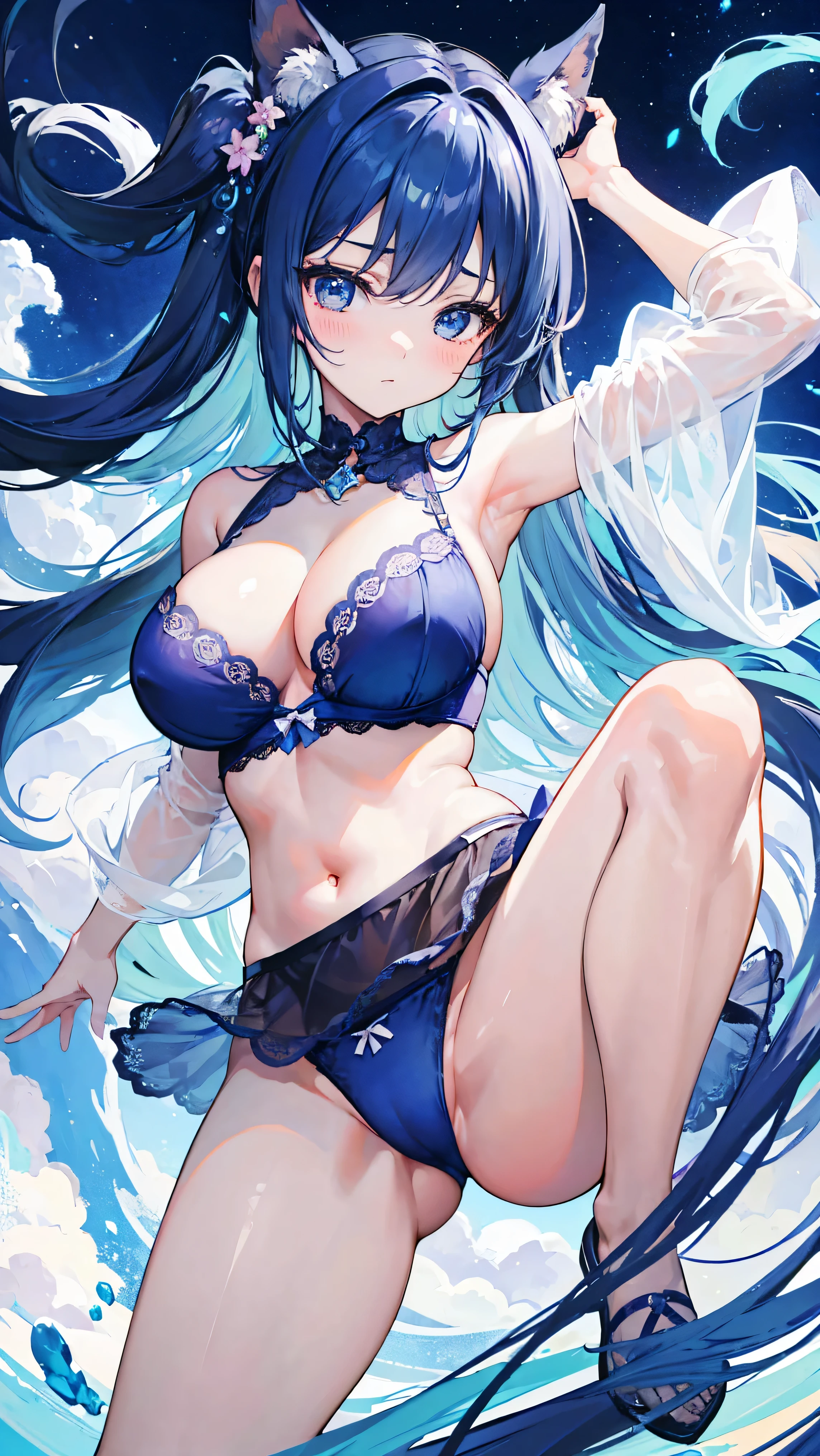 masterpiece、hight resolution、1girl in、in one's underwear only、Blue lingerie、large full breasts、bending forward、Poses that emphasize breasts、Cute anime illustration、