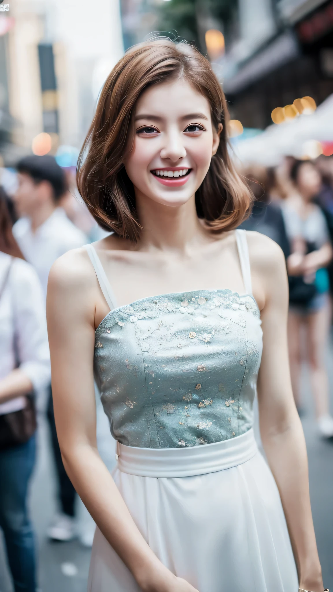 ((highest quality、8k、masterpiece:1.3))、25 year old female、Hairstyle Casual Ultra Slim Face、delicate eyes、double eyelid、laughter、hort hair、feminine、whole body、wide angle、in the city、in the crowd