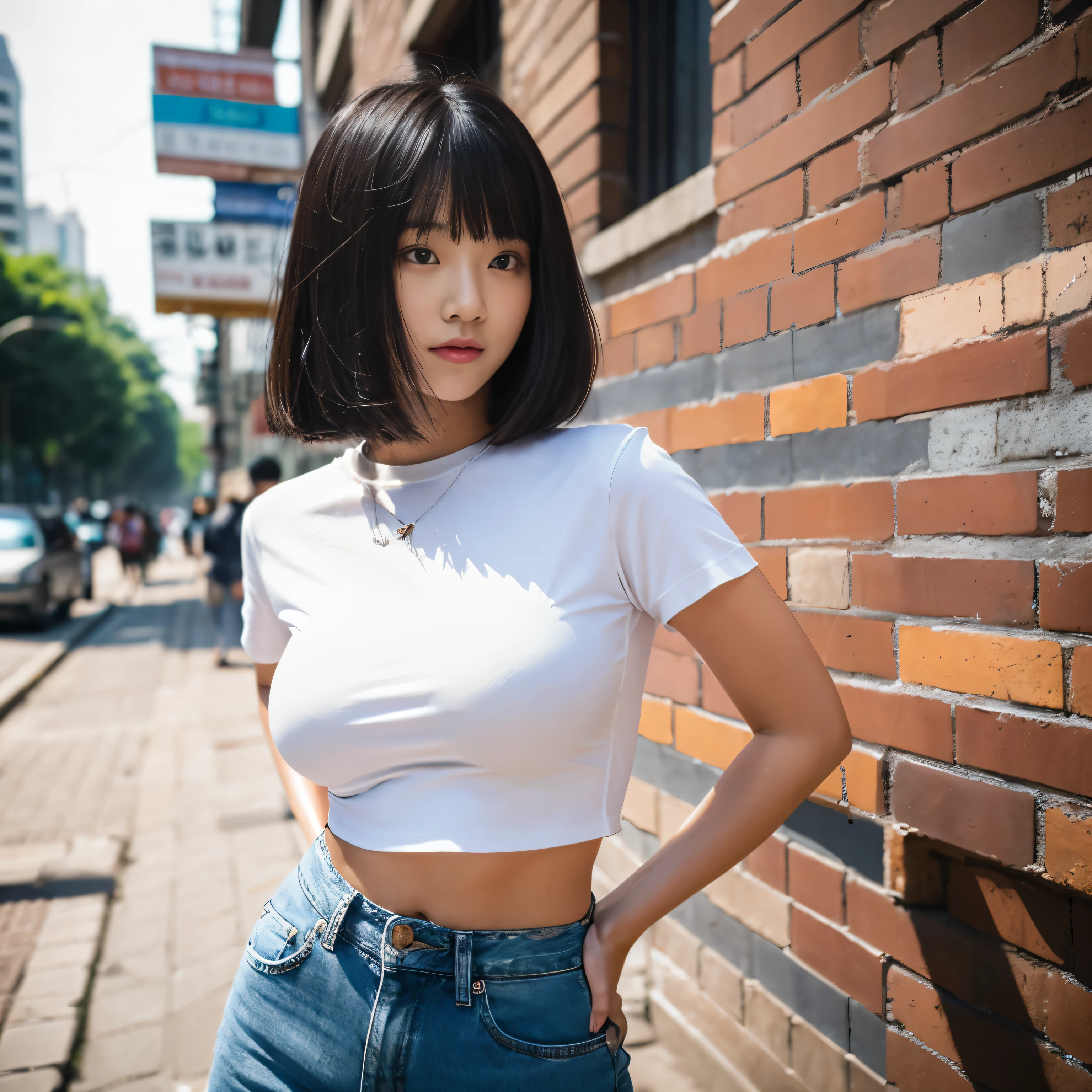 Professional, realistic, High level of detail, Full body photo of 18 years old woman, korean, Tight shorts jeans, (White crop top t-shirt:1.3_MUST), (glossy black hair in blunt bob:1.3), full body, Standing posing for a photo, on a street, photogrnic pose, (random standing pose: 1.3) ,Natural light, (Attractive young woman:1.3), (seductive:1.1), (blush:1.1), round and big breasts, cleavage at south jakarta buildings