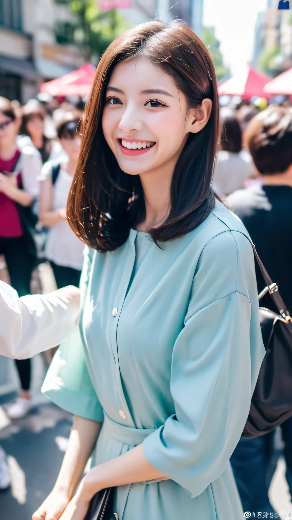 ((highest quality、8k、masterpiece:1.3))、25 year old female、Hairstyle Casual Ultra Slim Face、delicate eyes、double eyelid、laughter、hort hair、feminine、whole body、wide angle、in the city、in the crowd