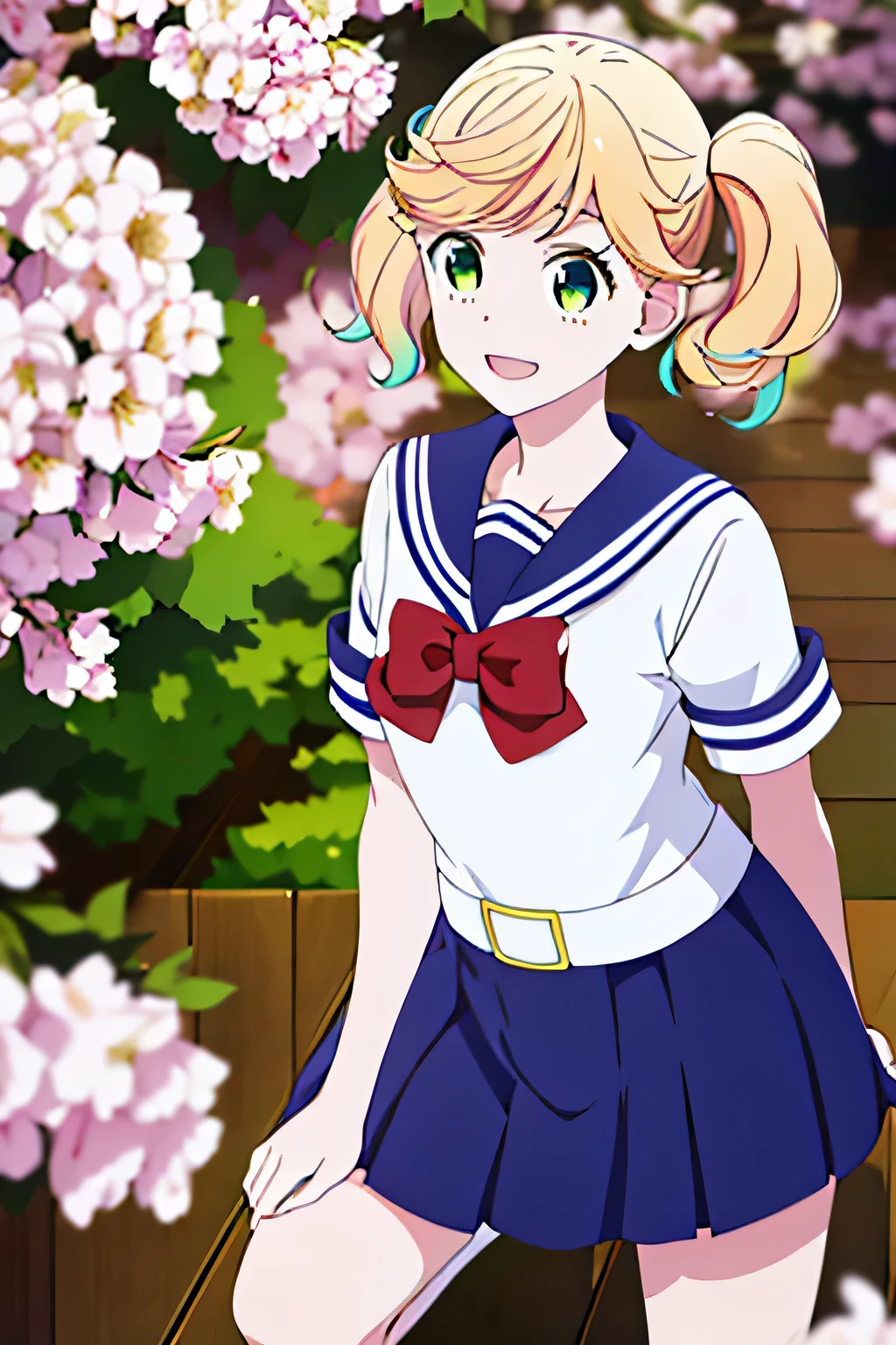 (masterpiece, highest quality:1.2), 1 girl, alone, sailor suit, red ribbon, Height is 178cm、navy blue skirt、black long socks、very tall、I look up at the sky and laugh under the cherry blossom tree、overlook、Angle from above、bust shot、kabuki pose,