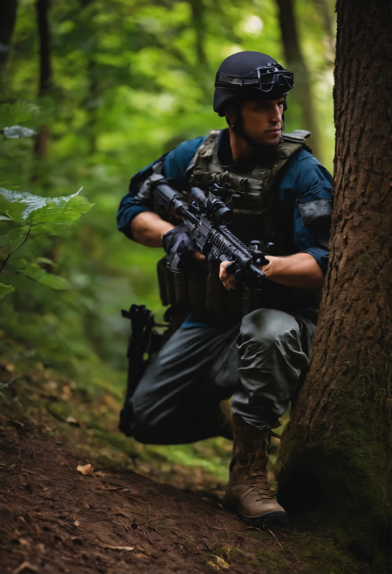 Airsoft male player without an airsoft gun standing against the tree