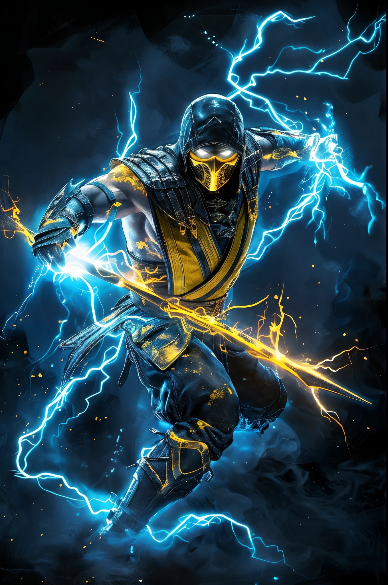 arafed image of a man in a yellow and black outfit with lightning, scorpion from mortal kombat, character from mortal kombat, in mortal kombat, mk ninja, badass anime 8 k, hq 4k wallpaper, hq 4k phone wallpaper, mortal kombat 11, wallpaper 4 k, wallpaper 4k, 4 k wallpaper, 4k wallpaper, mortal kombat