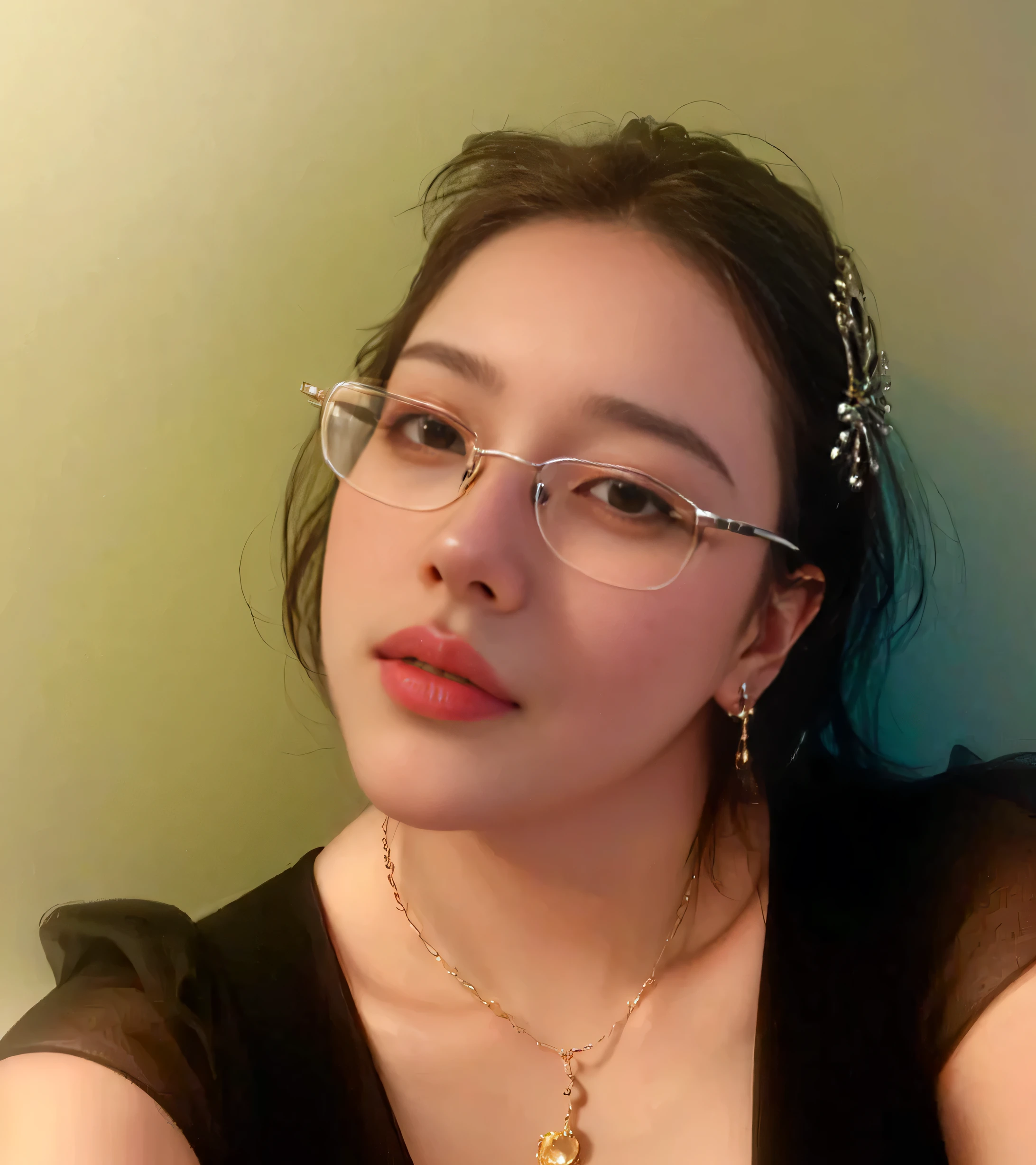 (highest quality, masterpiece:1.2), ((highest quality)),1 female, Glasses, black hair, Glasses, (((mouth is closed.))), (((She kept her mouth shut)))., earrings, freckles, jewelry, lips, mole, necklace, nose, earrings, realistic, alone,simple background,white background, 