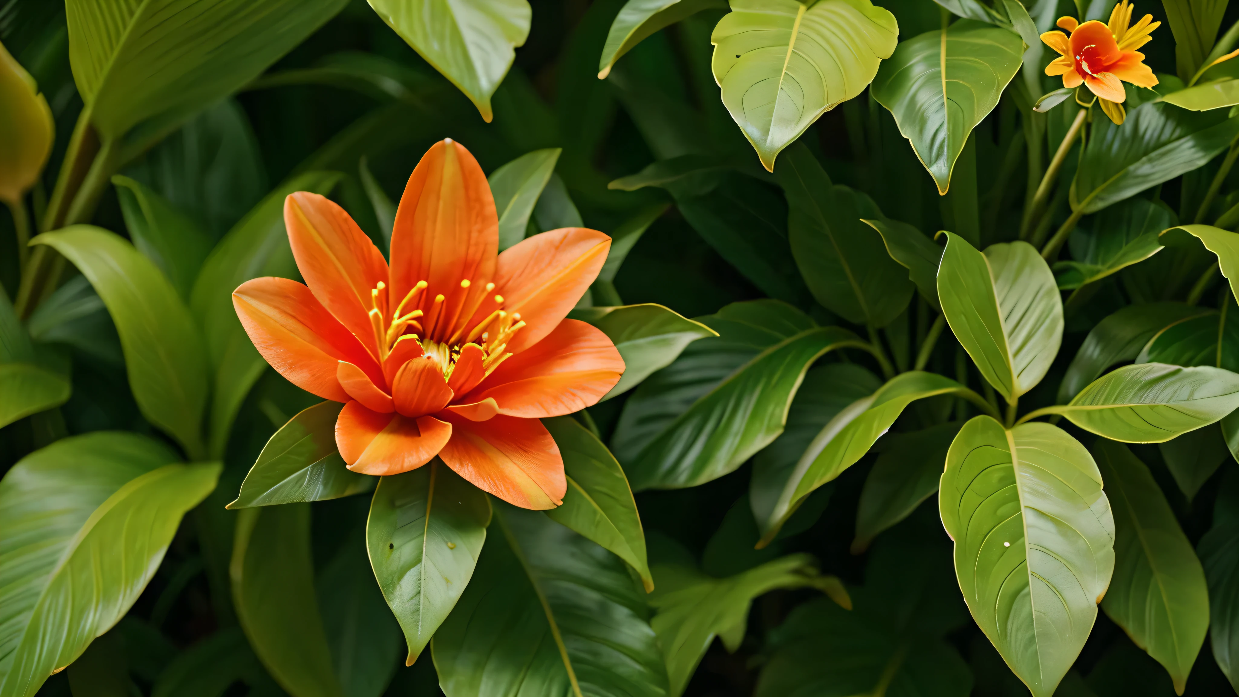 so many tropical flower background, fresh green foliage, with lush leaves, super detail, high quality, with red flower, focus at flower, full leaf