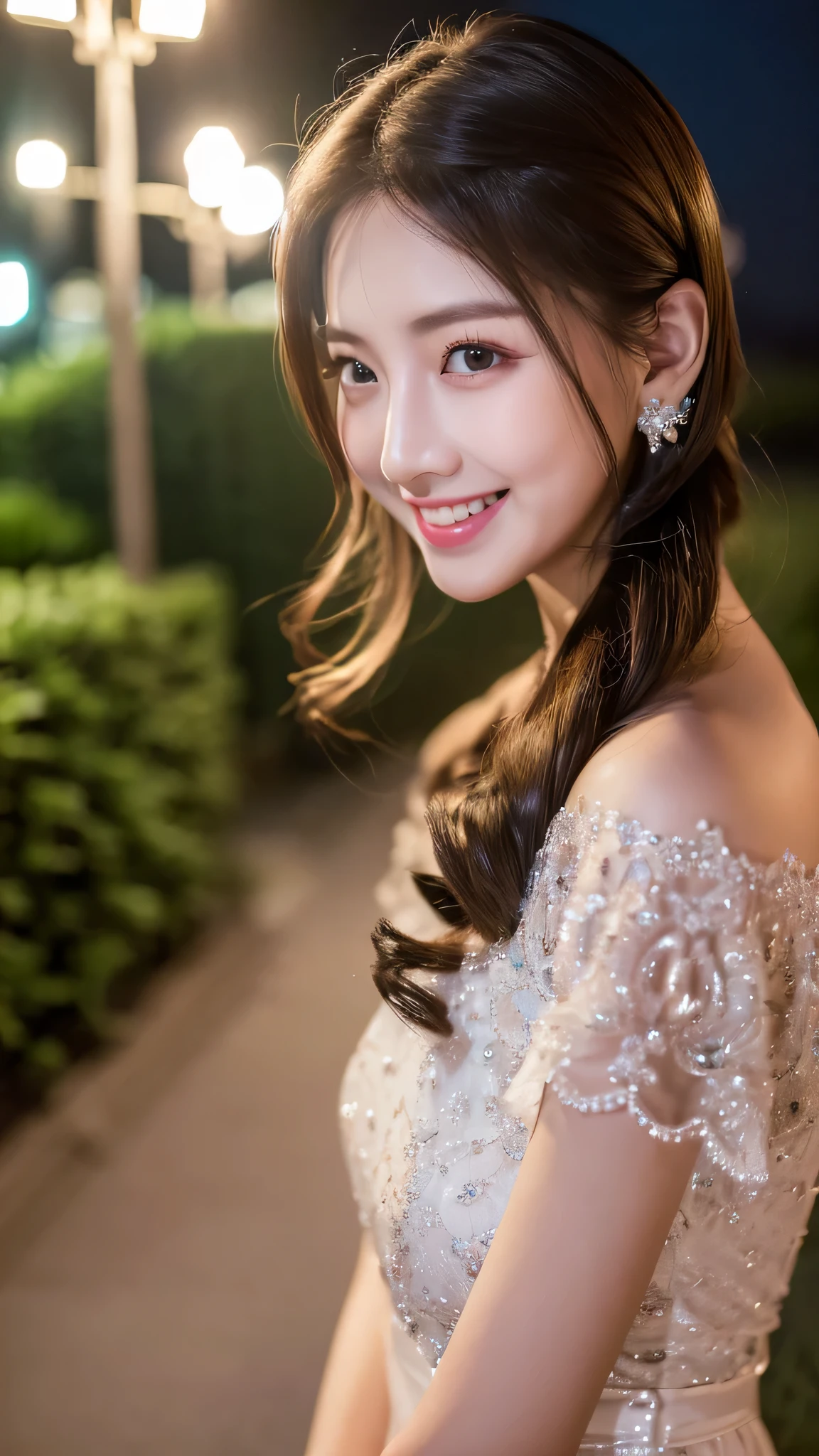 ((highest quality、8k、masterpiece:1.3))、25 year old female、Hairstyle Casual Ultra Slim Face、delicate eyes、double eyelid、laughter、hort hair、feminine、whole body、wide angle、night view、illumination
