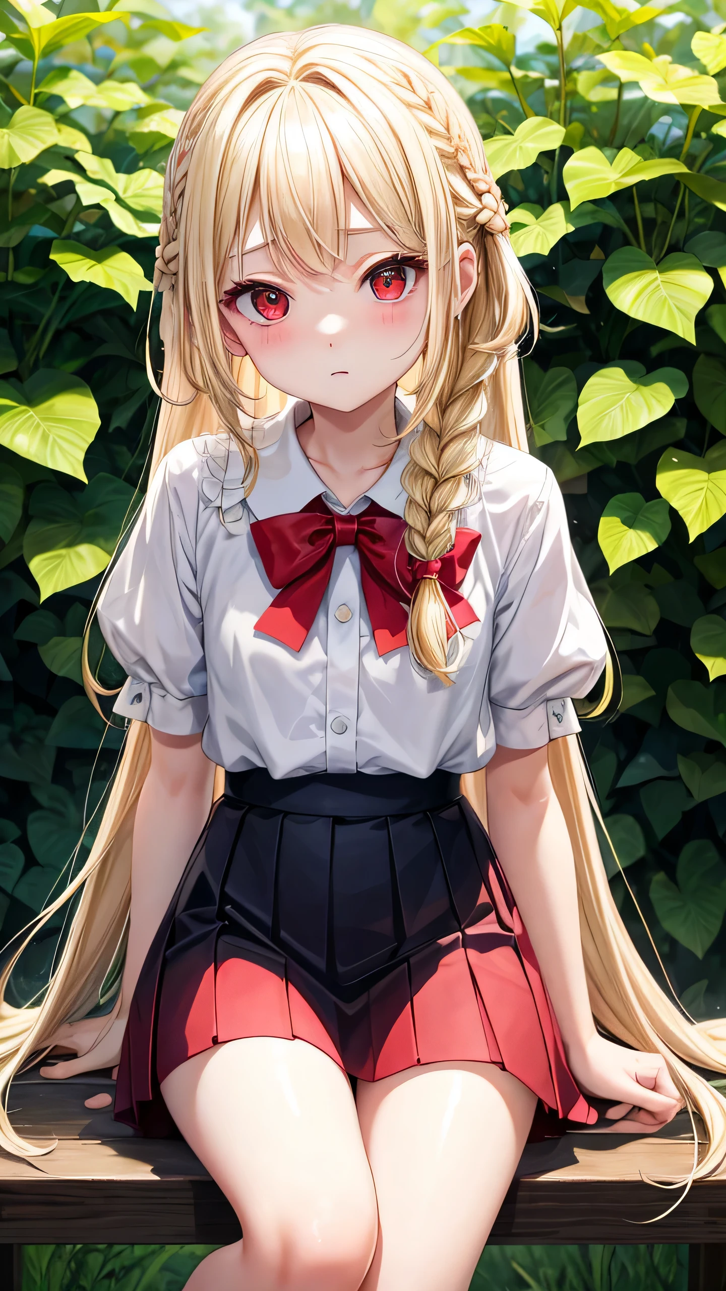 I'm 11 years old、blonde、Braid、red eyes、1 cute girl、alone、and soul、、mini skirt、透き通るwhite skin、white skin、beautiful skin、white panties、beautiful feet、slim leg park、sit on top