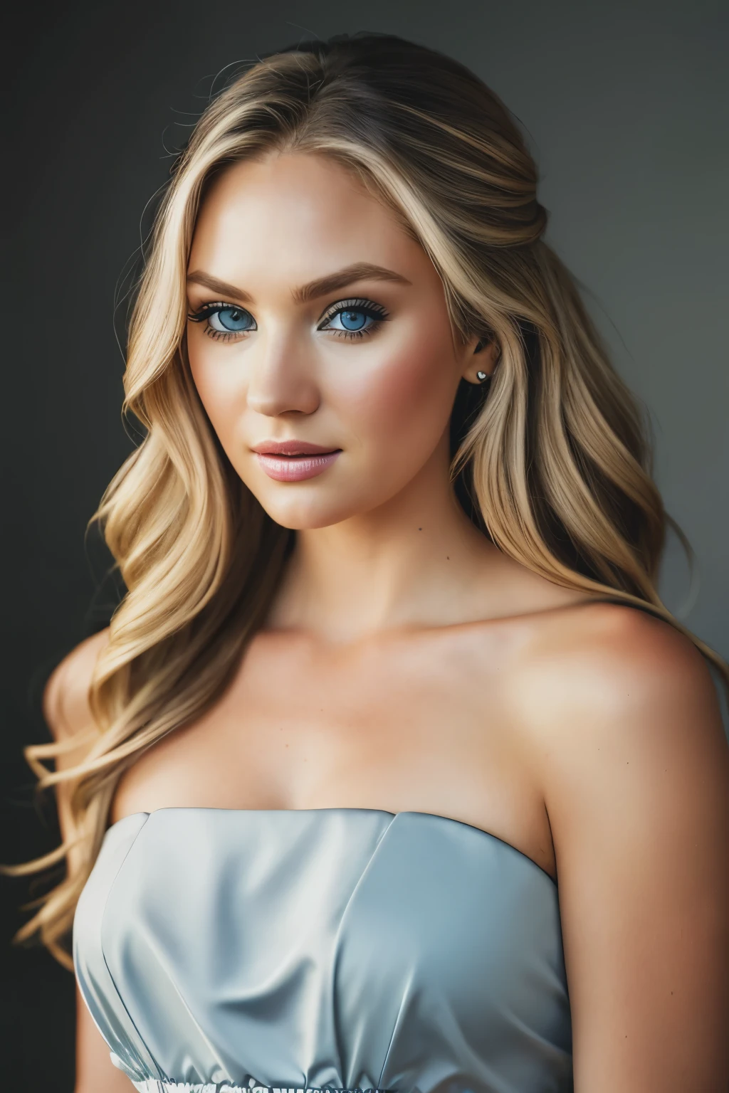 a Realistic photo of c4nd1c3sw woman, 1girl, solo, long hair, breasts, looking at viewer, blue eyes, blonde hair, simple background, dress, cleavage, bare shoulders, grey background, hair over one eye, lips, strapless, red dress, realistic, professional Photography, Photorealistic, detailed eyes, RAW, analog, sharp focus, 8k, HD, DSLR, high quality, Fujifilm XT3, film grain, award winning, masterpiece