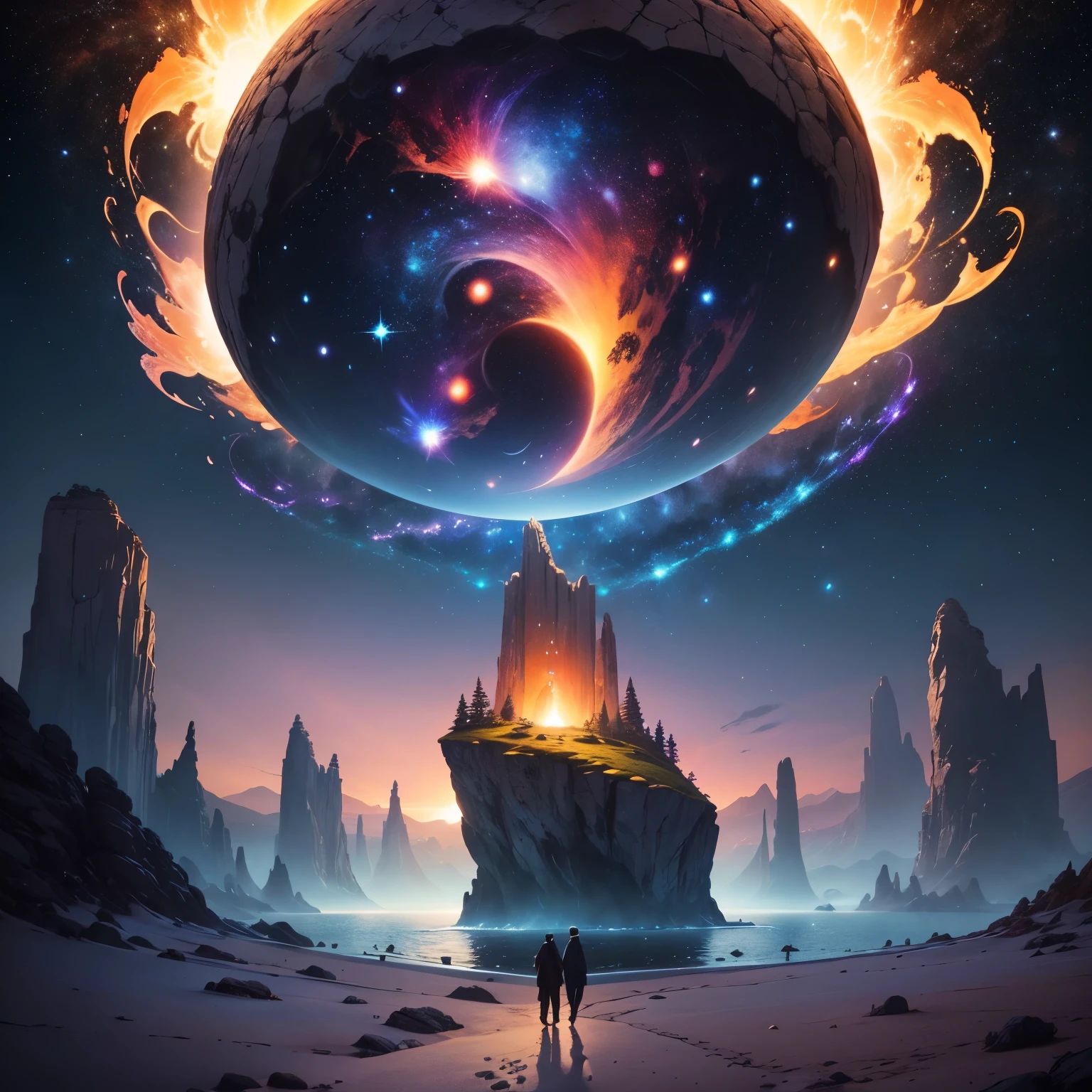 Imagine an image depicting an epic chapter of a great book. in the center of the scene, you'Meet Thanato and Peperit, two primitive ancestors, Demonstrating powerful cosmic energy. next to them, a vibrant explosion, Bright colors represent the original state of the universe, like a newborn. 五god, called Ojis, Charcoal village, Teos, Jirewo and Zulfiqar, exists in the image, Everyone has a unique look and expression,Reflecting the connection with the universe. 8 giant floating rocks surrounding space, A planet symbolizing the cosmic garden: Zaranlu, maori squirrel, Acrylis, terrace, Moam, come back, Diva and Gaudium. Each planet has unique characteristics, lush landscape etc., sparkling sea, そしてgod秘的な雰囲気. god々strives to bring joy and life to the universe.、, their sadness is obvious. sun, Now it's a huge incandescent rock, emits intense heat and bright light, Unique light. scattered throughout the premises, bright shining stars, Like a small gaseous rock that lights up the universe. at last, primitive man and his々took the form of a majestic bipedal gait, 彼らの偉大さとgod聖な力を見せてください. Use your creativity and skills to create images,Capture all the cosmic grandeur of this captivating chapter, Highlights the perfection and depth of every detail. --automatic