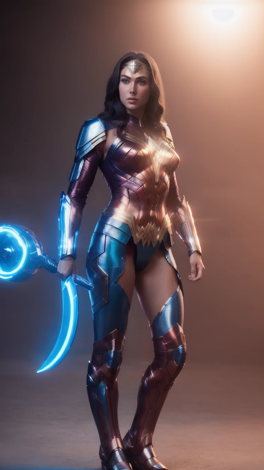 (((full body photo))) Cinematic soft lighting illuminates a stunningly detailed and ultra-realistic Wonder Woman red and blue futuristic armor that is trending on ArtStation. Octane is the perfect tool to capture the softest details of this 16k photography masterpiece