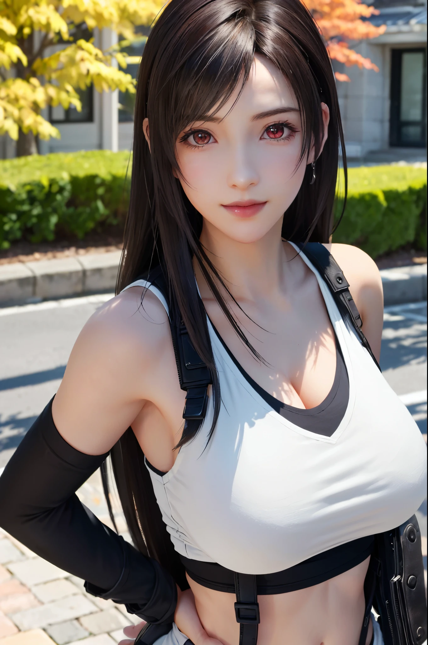 (top quality, masterpiece), (((FF7,Tifa_lockhart))), (((suspender, tank tops, A dark-haired, length hair, elbowgloves))), ((Beautiful detailed red eyes)), (Beautiful highlights of red eyes)), Facial light, navel, High exposure, Exposure of the abdomen. ribs, abs, (solo,Tifa:1.2), (autumn,walking, outdoor),(cute pose:1.3),Ultra-detailed face, (((FF7,Tifa_lockhart))), (black brown hair, big breast: 1.5), about 18 years old,kawaii,smile:1.1,