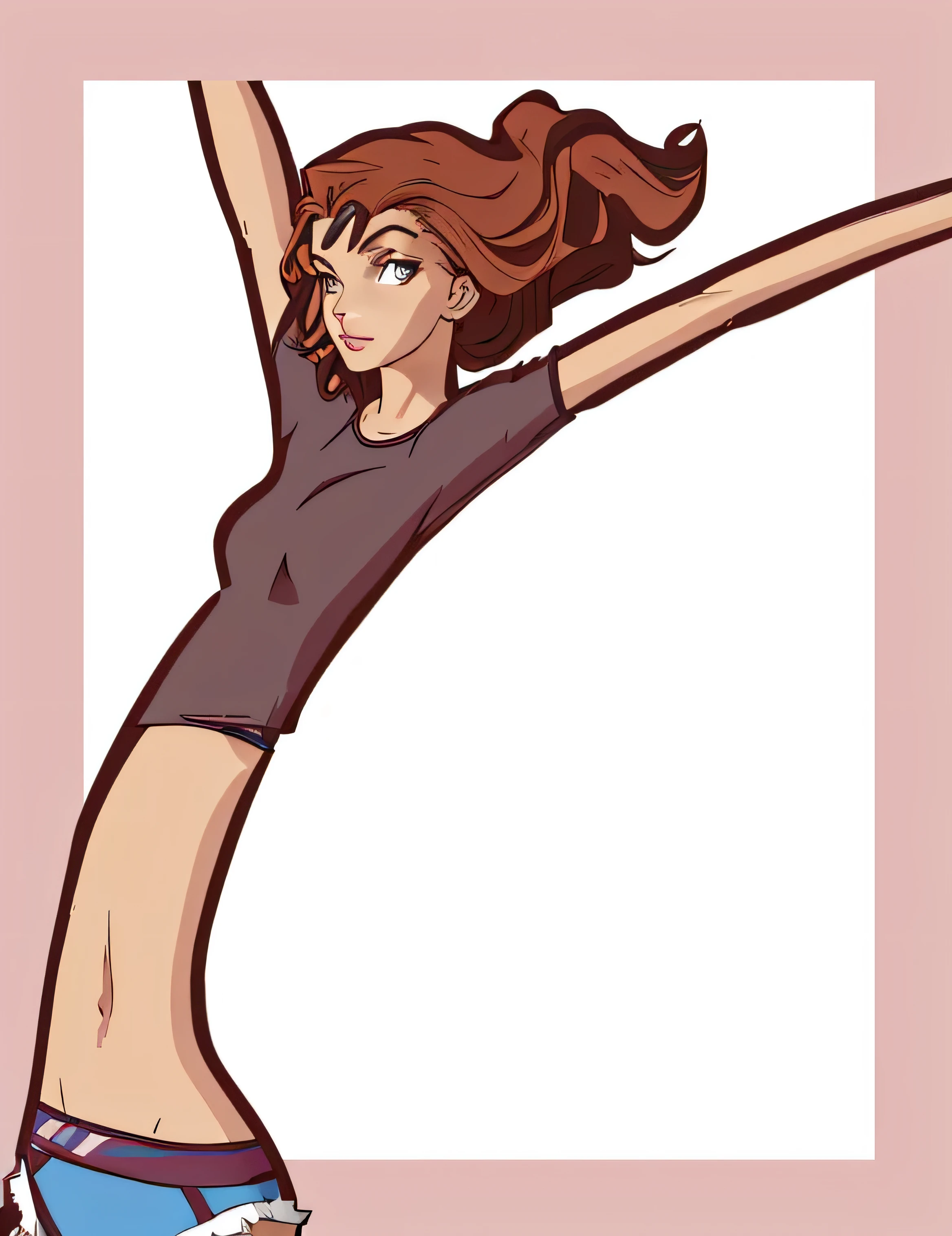 Introducing a young woman with auburn wavy hair cascading down her shoulders, adorned in snug sweatpants that accentuated her hips, and a skin tight tank top absentmindedly unbuttoned at the midriff. Her (((unnaturally elastic, undulating, and supple))) body, boasting a wavy and malleable texture, flexed with each inhale and exhale, showcasing her vibrant liveliness. Her lively and spirited eyes sparkled with carefree illusion, reflecting her lighthearted and mischievous nature. Her playful and energetic stance conveyed a rebellious charm and an aura of unin