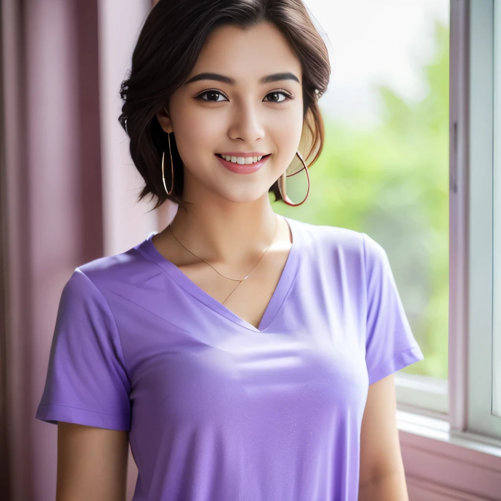 (higher resolution, clear_image) best quality, woman, masterpiece, very detailed, semi-realistic, 21 years old, beautiful, young, good looking, T-shirt, I pulled on my lilac shirt., neck collar, interior, modern room, window, Wake up, morning, blush, smile