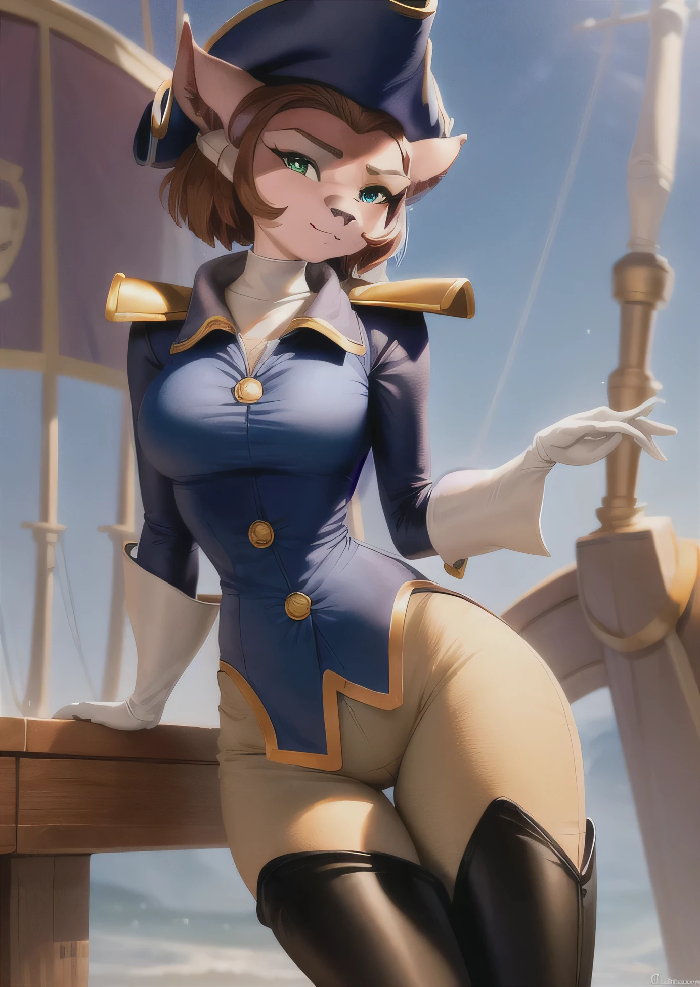 (best quality, masterpiece:1), furry female anthro captainamelia, brown nose, cat ears, body fur, clothed, hat, blue coat, pants, thigh boots, white gloves, green eyes, looking at viewer, closed mouth, lipstick, BLUE eyeshadow, white turtleneck, half-closed eyes, (wooden ship space sky background:1.0), pixar style, 