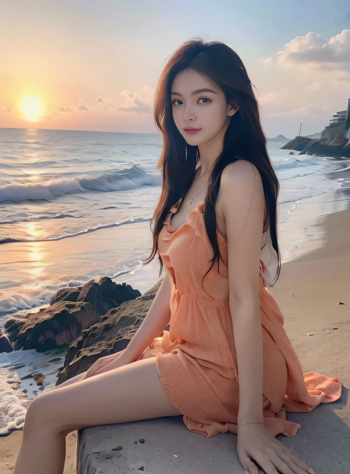 ，masterpiece, best quality，8K, ultra high resolution，(beautiful eyes:1.5)， ((middle view，upper part of body:1.5))，Seaside in the evening，The sky slowly turns orange-red，The waves gently lap at the shore。goddess sitting on the beach，