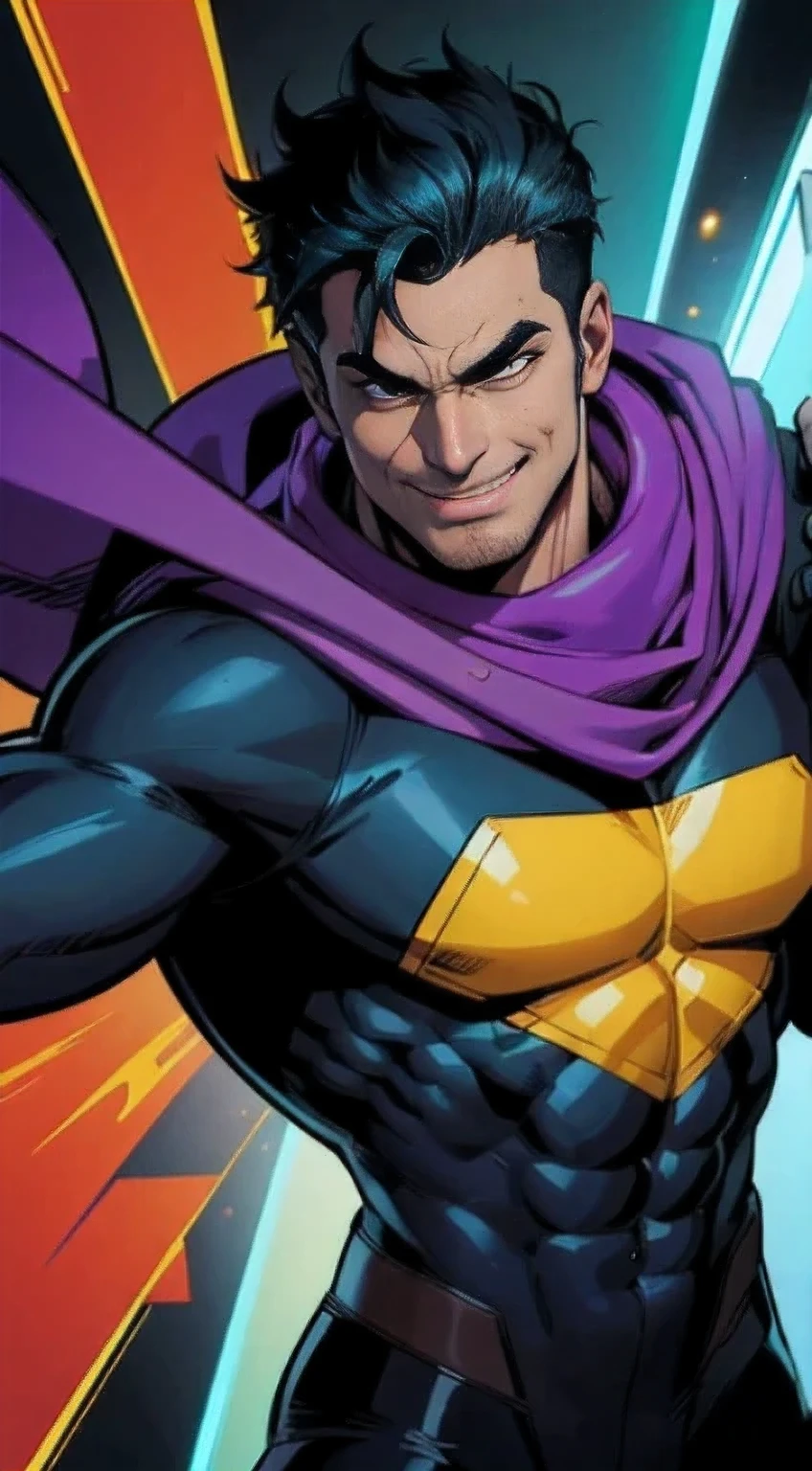 Comic storyboard:1.8, Cartoon comic strips,comic strip:: superhero named Jest. Jest is a charismatic and agile hero who wears a sleek black bodysuit with purple accents. His costume includes a long, flowing purple scarf and a black mask with jagged purple edges covering the upper half of his face. He has sleek green hair slack backed, purple pupils,
 . Jest's most striking feature is his perpetually wide grin, which is warm and inviting. He carries a utility belt filled with gadgets and gizmos, and his gloves are equipped with a device called the 'Giggle Glove' that enhances the power of his punches. Jest is known for his quick wit, humor, and playful demeanor, both as a superhero and a stand-up comedian ,In a futuristic house, marvel comics style, hyper HD, 24K Ultra HD