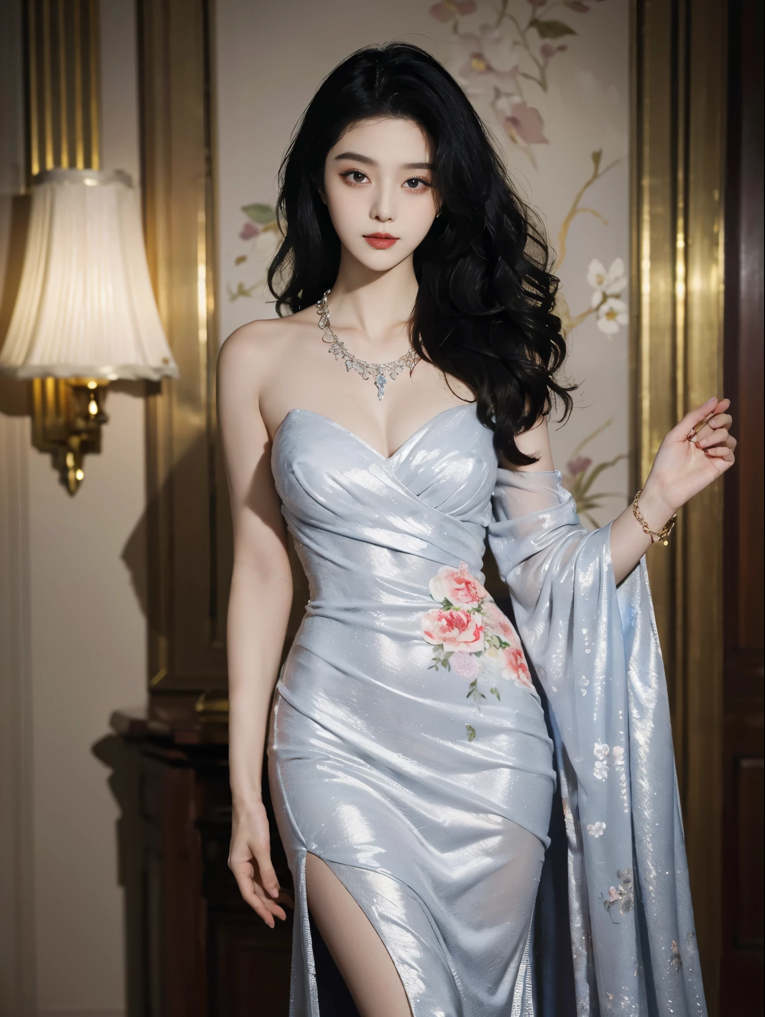 top-quality、tmasterpiece、超A high resolution、(Photorealsitic:1.5)、RAW photogr、1girl in、shadowy、deep shading、Unobtrusive、cold light、Sexy appearance、long whitr hair，curlies、((Luxury evening dress))、((Luxurious painting))、((Luxurious necklace))、((Floral hair ornament))、((Hair_decorations))，hdr