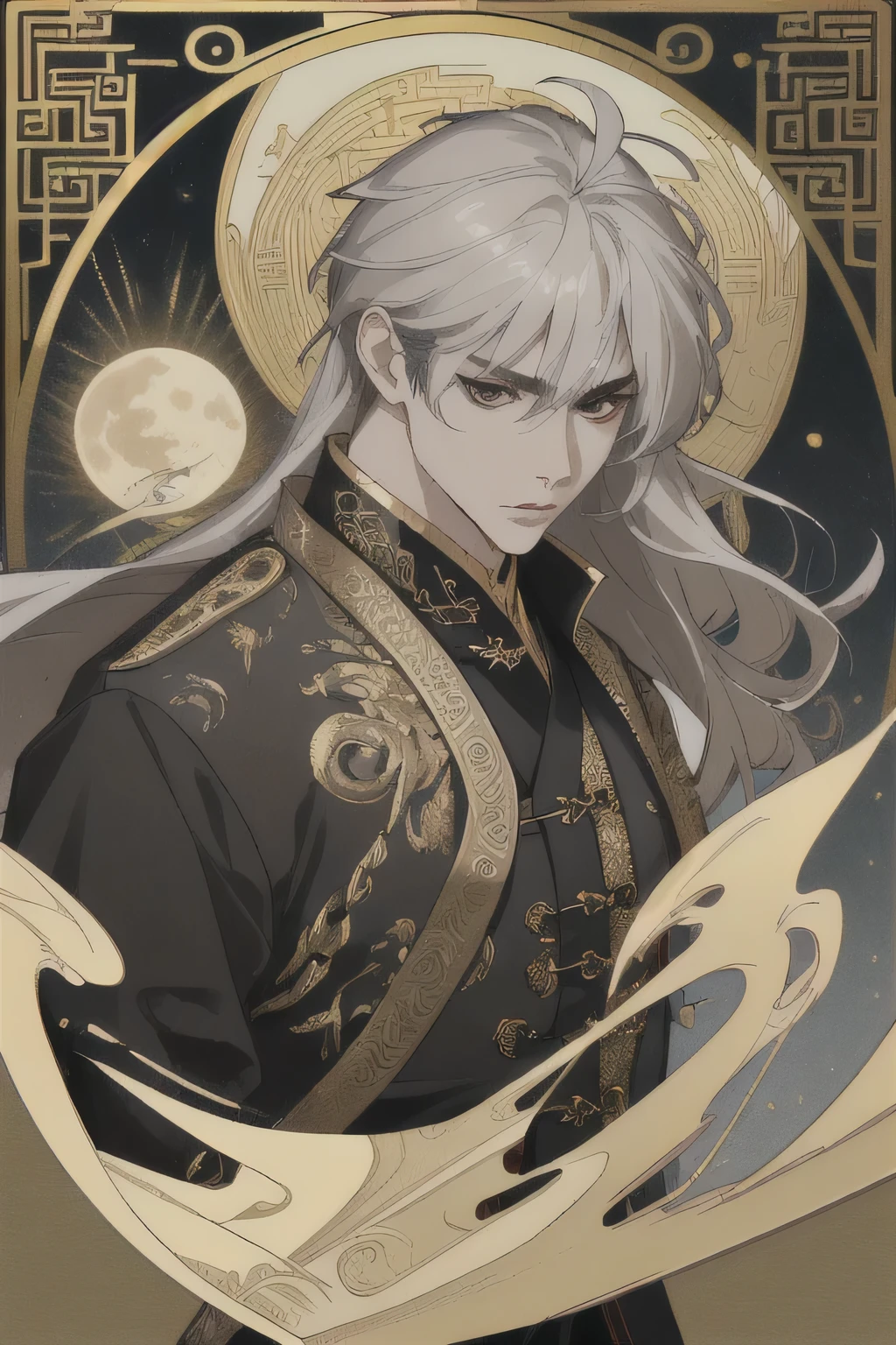 masterpiece, the best, night, full moon, 1 person, mature man, China, China法院, eagle, Light-colored hair, black eyes, split hair, long hair, long bangs, Handsome, Face carving, China皇冠, Handsome, male, Serious, ease, High, calm, black and gold, golden pattern, Dragon pattern, prince, Sword match, contour, Facial feature details, Exquisite facial features