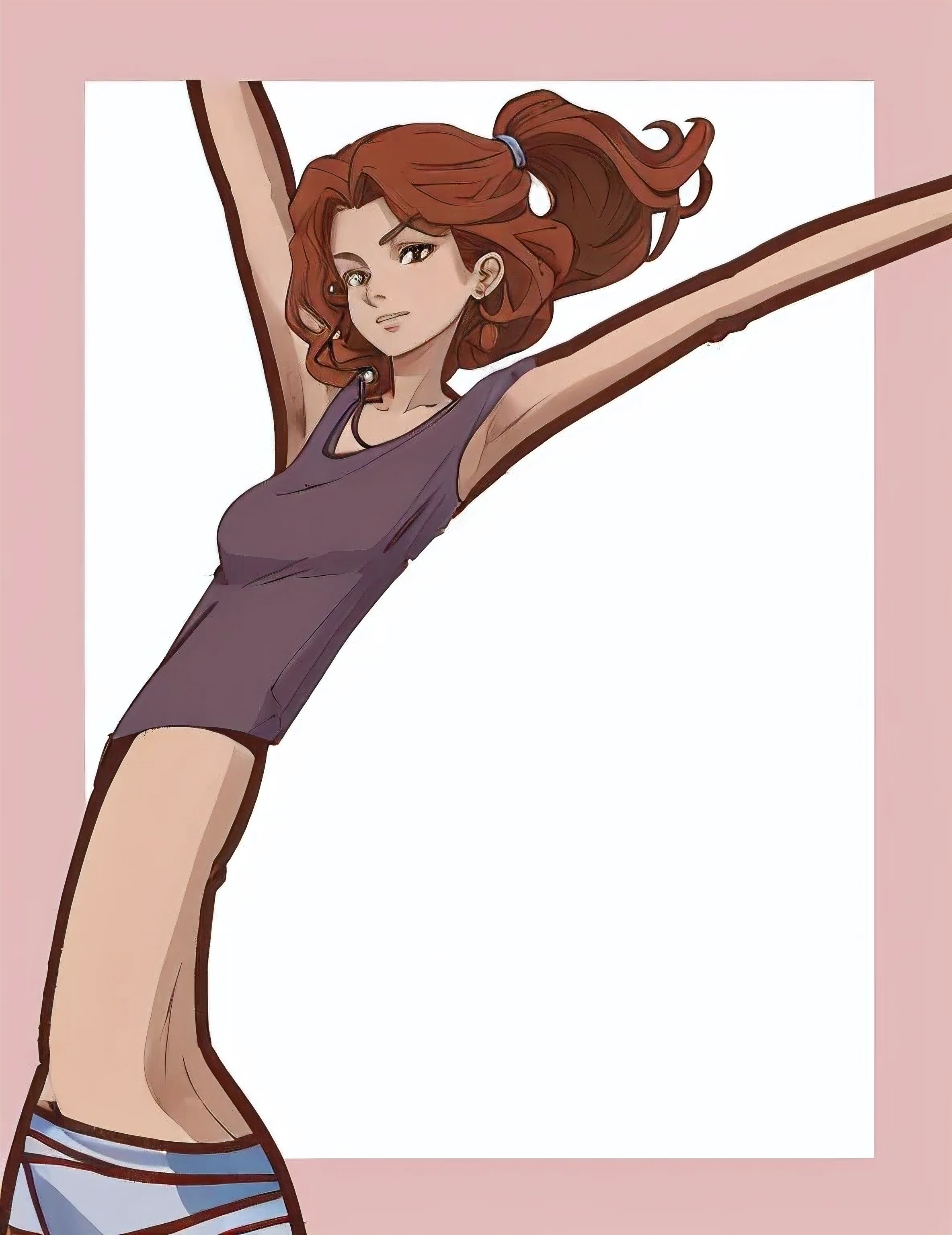 Introducing a young woman with auburn wavy hair cascading down her shoulders, adorned in snug sweatpants that accentuated her hips, and a well-worn tank top absentmindedly unbuttoned at the midriff. Her (((unnaturally elastic, undulating, and supple))) body, boasting a wavy and malleable texture, flexed with each inhale and exhale, showcasing her vibrant liveliness. Her lively and spirited eyes sparkled with carefree illusion, reflecting her lighthearted and mischievous nature. Her playful and energetic stance conveyed a rebellious charm and an aura of unin