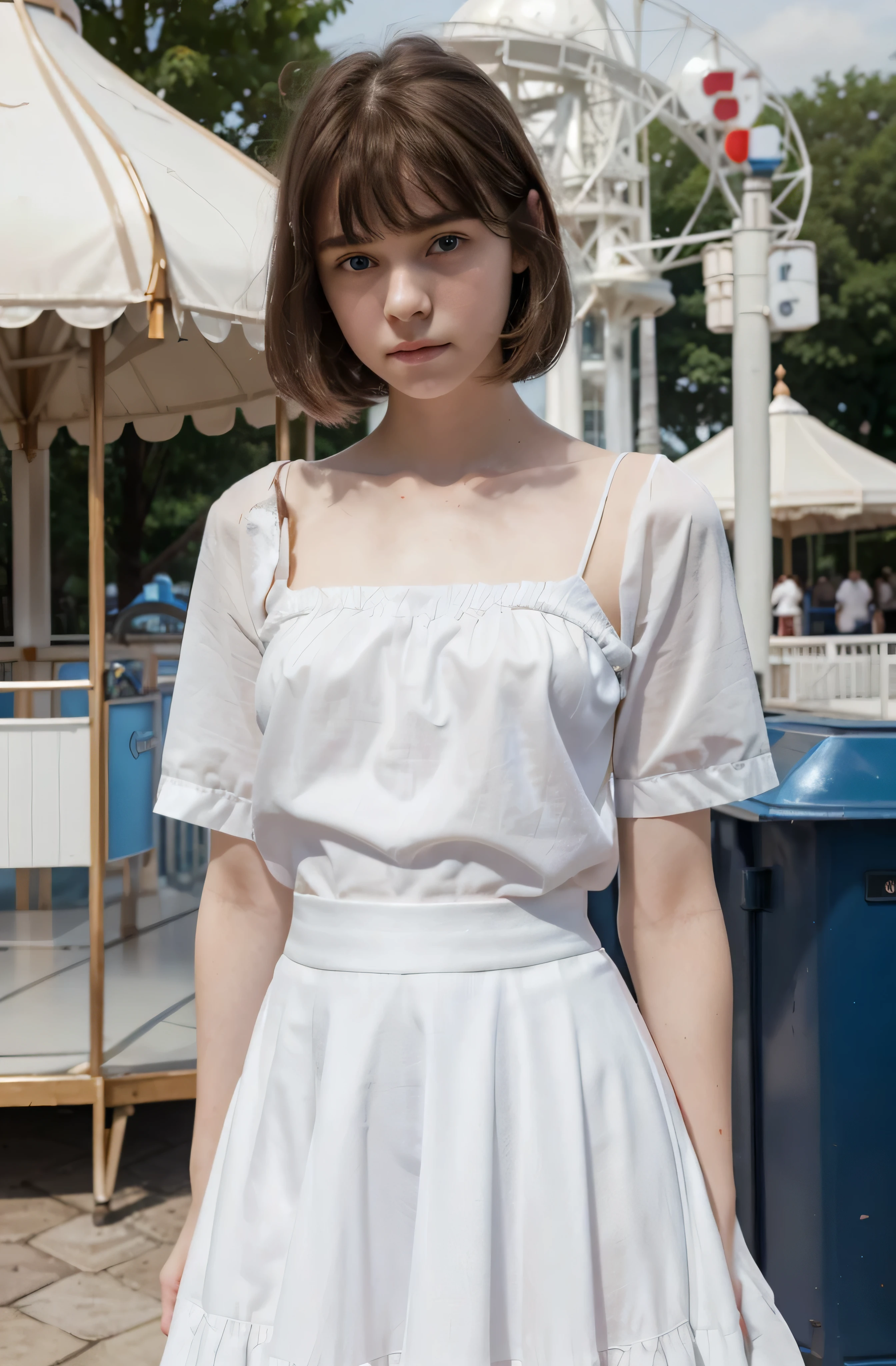 ((masterpiece, best quality)),1 Girl, Solitary, animal ears, rabbit, barefoot, skirt, sit, rabbit ears, Short sleeve, (Teasing, Shy, blush: 1.3), Looking at the audience, Grass, short hair, White hair, Puff sleeves, outdoor, fluffy Short sleeve, Bangs, on the ground, whole body, animal, White Dress, Sunlight, Brown eyes, mottled Sunlight, daytime,