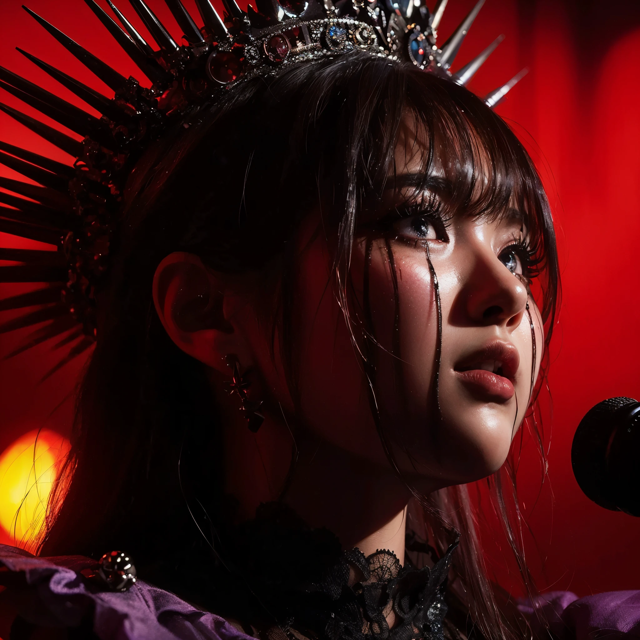 ((very sharp photo result & detailed face)) (((textile shading))), (((Best Quality))), (((masterpiece))) (((hyper realistic photo)) full red light mood, shade backlight keylight shoot, macro shoot tight close up face of a japanese vocalist girl with spike crown, she cried expressively, purple gown black lace, detail face facial pore skin, dark stage red smoke on a night concert as background, dark dramatic spotlight lamp on her, taken with hasselblad camera. HDR10 8K